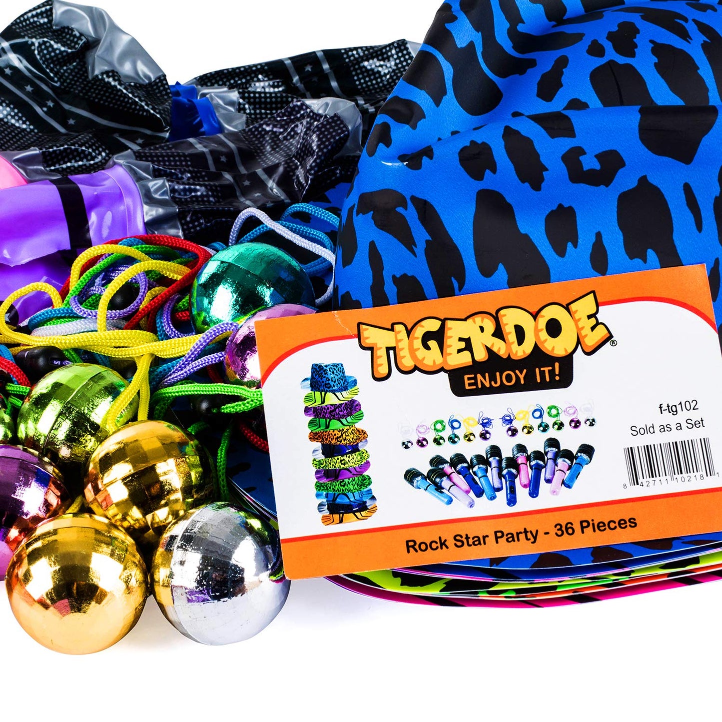 Tigerdoe Rock n Roll Party Favors - 36 Pc Set - Rock Star Party Hats, Disco Ball Necklaces, Inflatable Microphones - Rocker Party Supplies