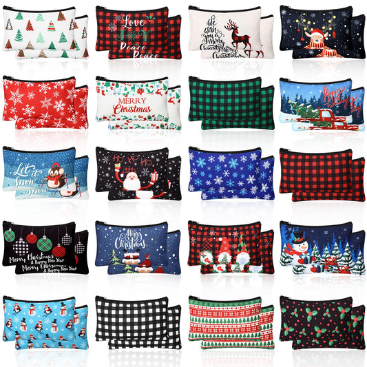 Reginary 60 Pcs Christmas Makeup Bags Bulk Xmas Cosmetic Bags 7 x 4.3 Inches Snowman Snowflake Santa Zipper Pouch Christmas Purses Gifts for Women