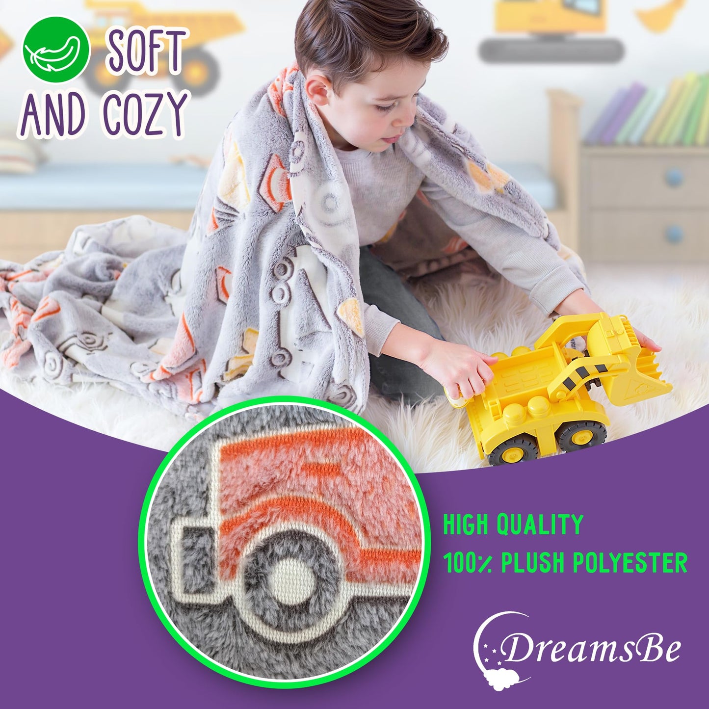 Construction Truck Glow in The Dark Blanket - Luminous Tractor Blanket for Kids - Soft Plush Digger Dump Truck Excavator Throw for Boys - Large 60inx50in Glowing Big Trucks Toddler Gift