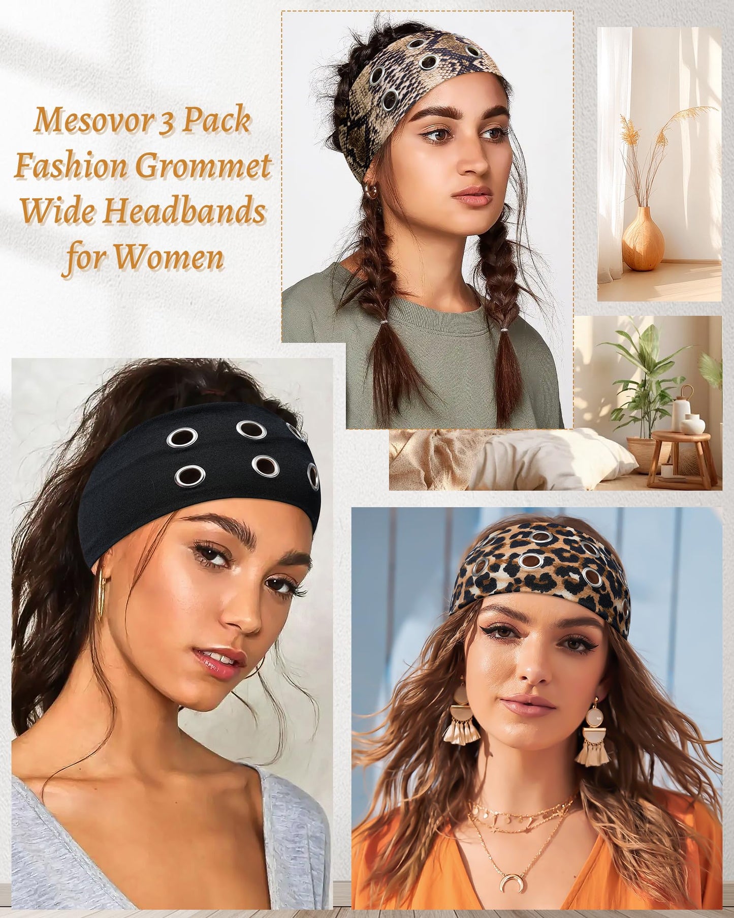 Mesovor 3 Pack Fashion Grommet Wide Headbands for Women, Hollow Out Eyelets Elastic Head Bands | Y2k Girls Punk Grunge Stretchy Hair Accessory (Black, Snakeskin, Leopard, 3.9" wide)