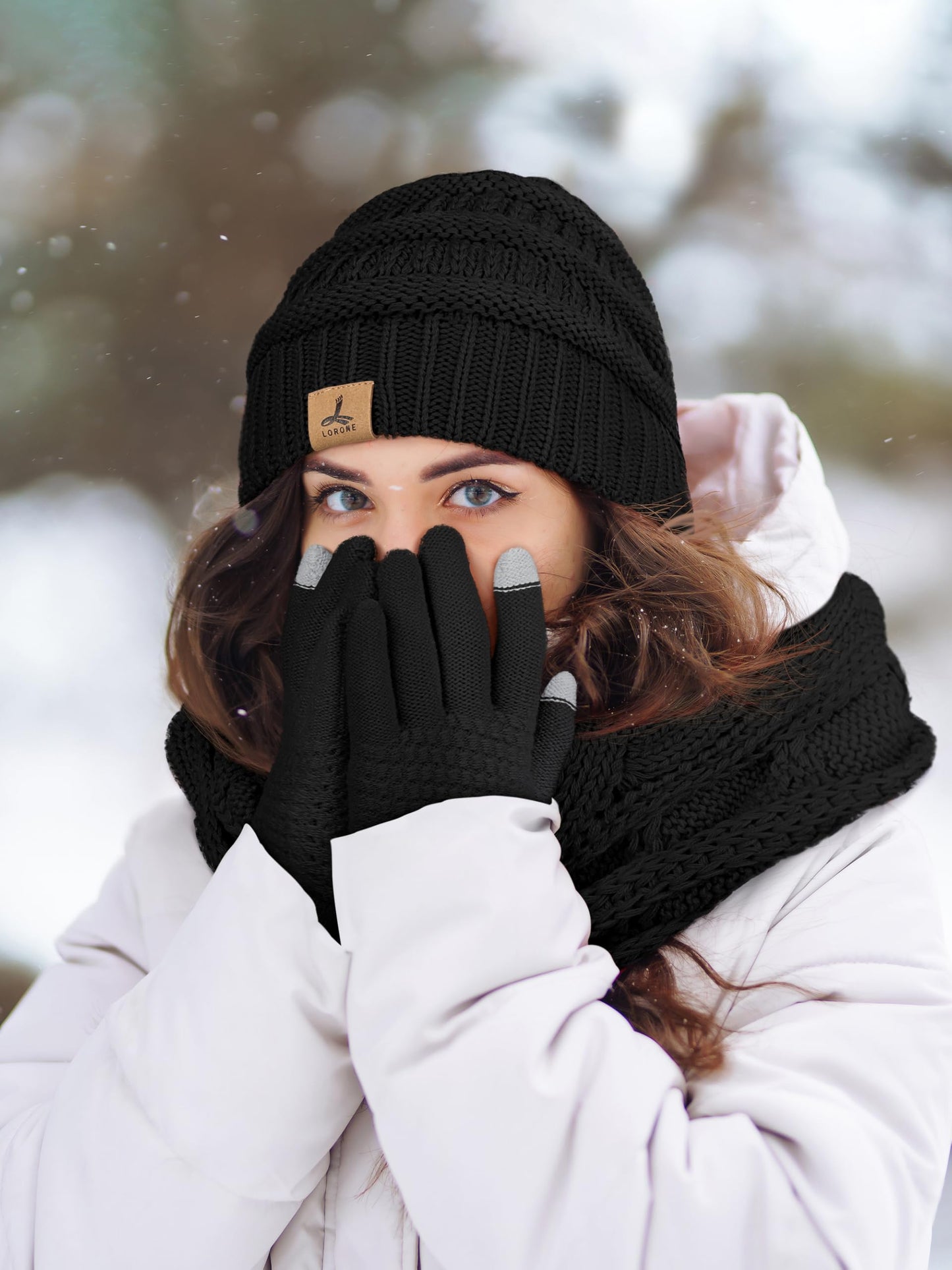 LOROME Winter Beanie Hat Scarf Gloves, Warm Fleece Knit Winter Hats Touch Screen Gloves Neck Scarf Set Winter Gifts for Women Men