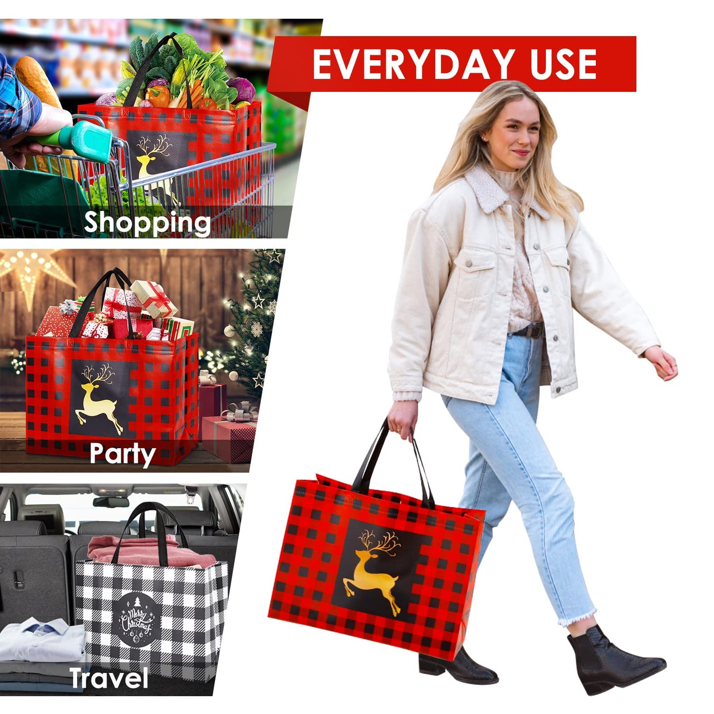 YANGTE 8 Pack Extra Large Christmas Gift Bags, Reusable Tote Bags with Handle Non-Woven Christmas Grocery Shopping Totes for Holiday Xmas, 16.9 * 12.6 * 6.8"