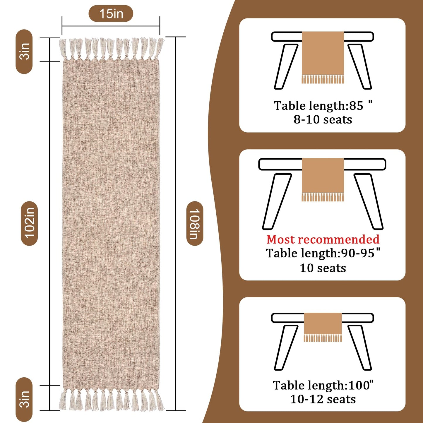 yuboo Boho Table Runner 108 inches Long, Rustic Farmhouse Dresser Runners for Bedroom, Dining Table, Summer Table Decor, Bridal Shower, Burlap Linen Table Runner (15x108 Tassels Included)