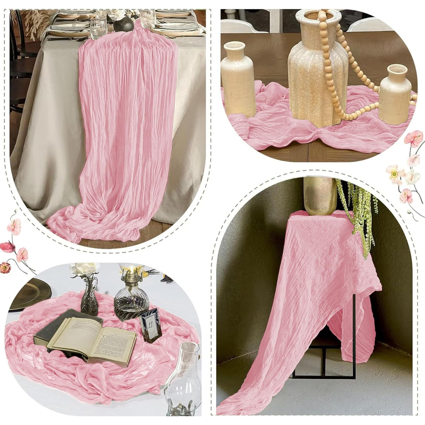 12 Pack Light Pink Cheesecloth Table Runner 17 x 108 Inch Gauze Table Runner Fabric Semi Sheer Cheese Cloth Table Decor Bulk for Rustic Romantic Wedding Baby Shower Table Decoration