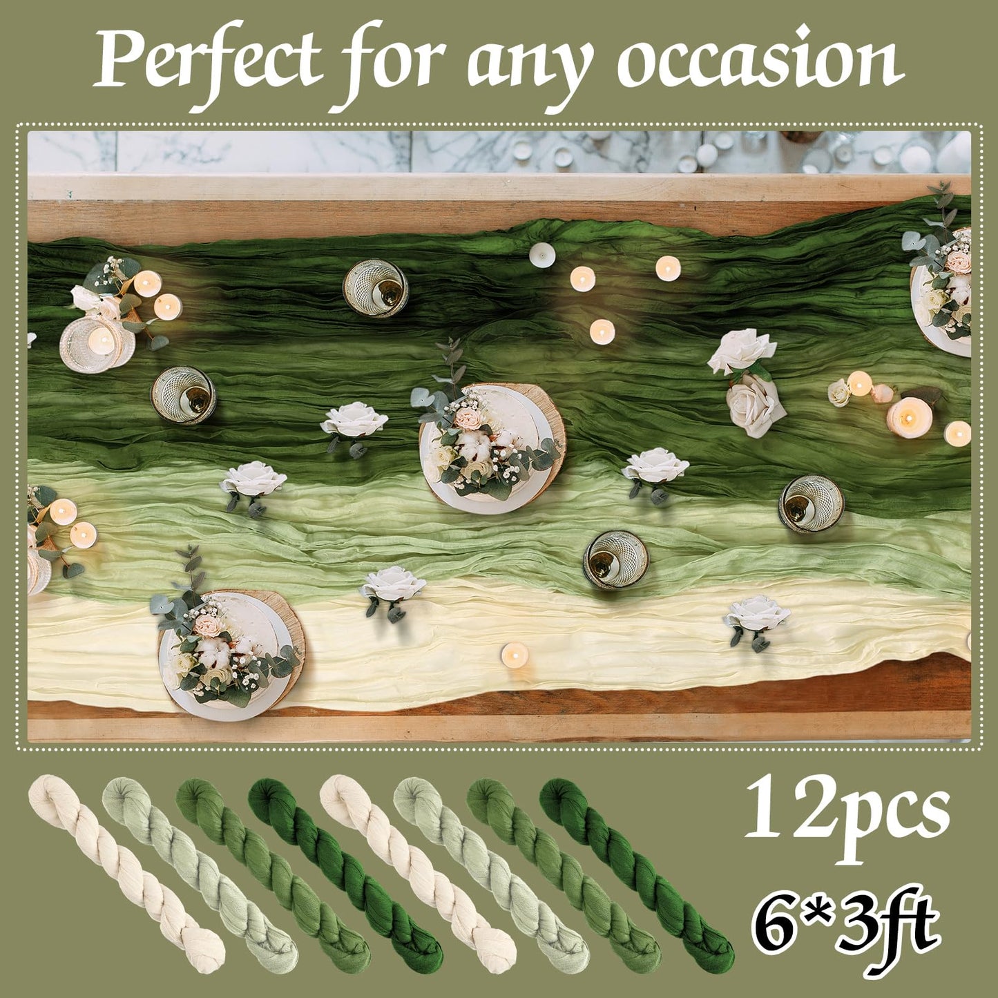 Remagr 12 Pcs Cheesecloth Gauze Table Runners Boho Wedding Decor Rustic Sheer Runner for Wedding Table Bridal Shower Birthday Party Decorations(Gradient Green,12 Pcs)