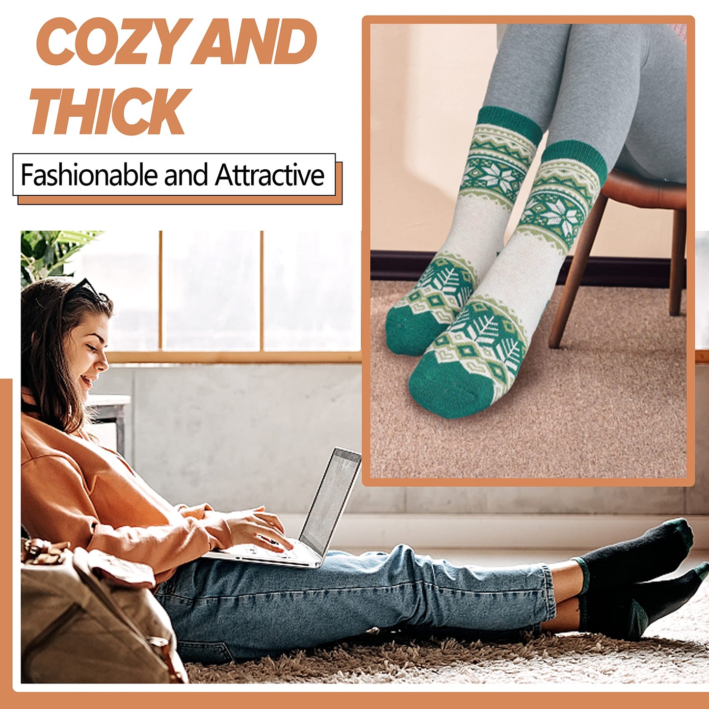 ANTSANG Merino Wool Socks for Women Hiking Warm Thick Thermal Winter Boot Comfy Crew Cozy Cabin Heavy Work Snow Soft Ladies Socks 5 Pairs Christmas Stocking Stuffer White Elephant Gifts (Snowflake A)