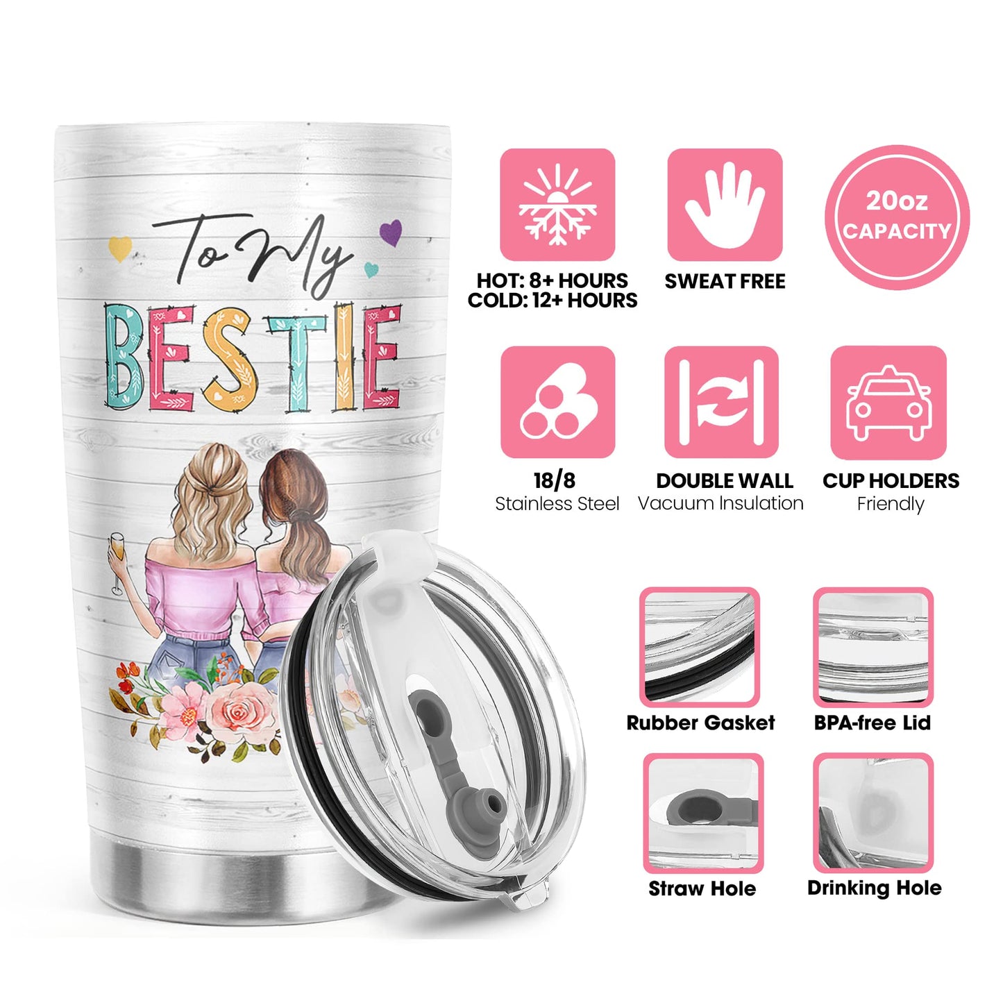 Pawzity Friendship Gifts for Women Friends - Galentines, Valentines, Birthday, Christmas Gift Ideas for Best Friend, Bestie, BFF - Presents for Female Unique - 20 Oz Stainless Steel Coffee Tumbler