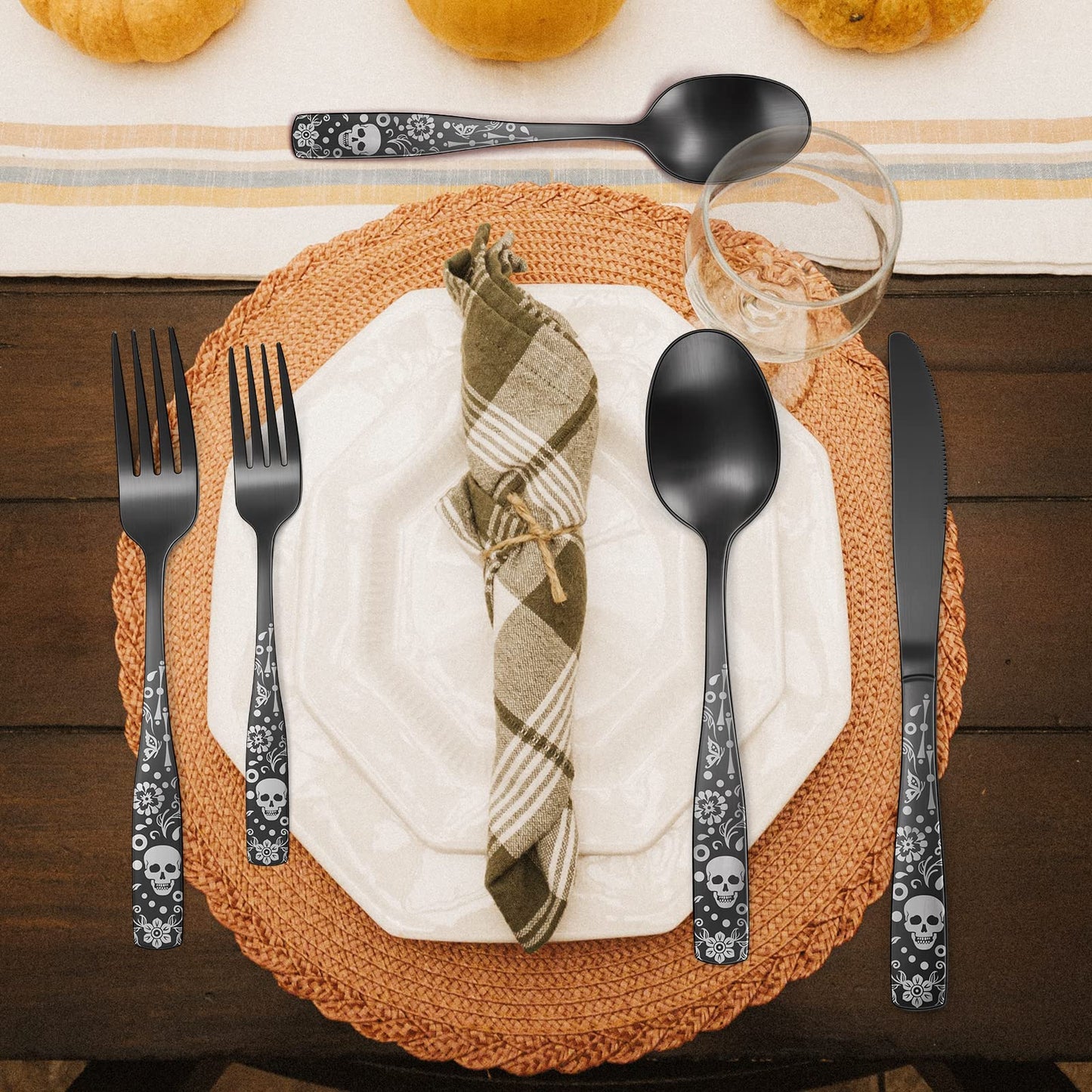 OIULO Pattern Matte Silverware Set for 8,40 Piece Gothic Black Flatware set,Skeleton Flower Bat Unique Pattern Design,Skull Knive Fork Spoon Spooky Utensils Cutlery,Halloween Party Supplies Event Tab