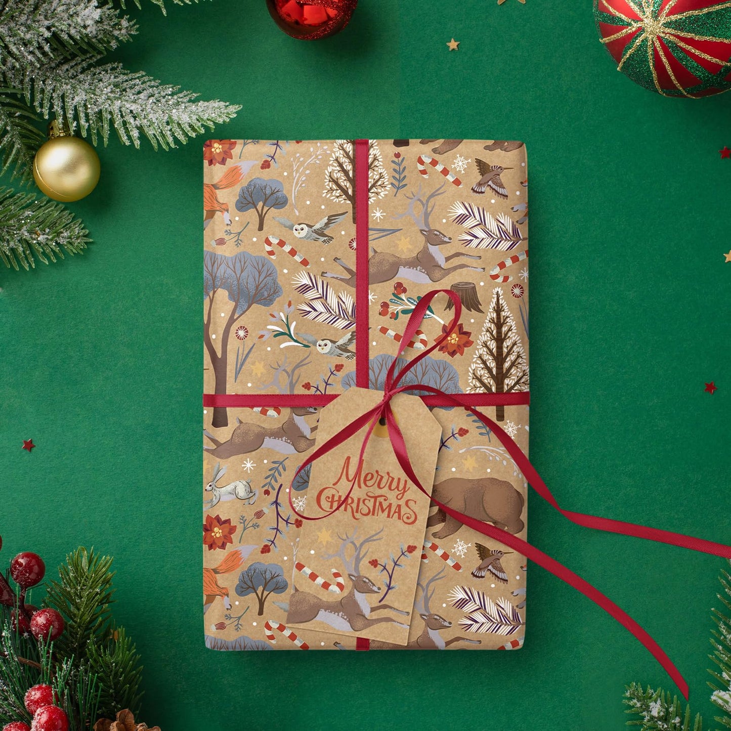 WRAPAHOLIC 30 Inch Jumbo Kraft Christmas Wrapping Paper - 30 Inch x 33 Feet - Christmas Animal Wrapping Paper and Tree Elements for Holiday, Party Celebration