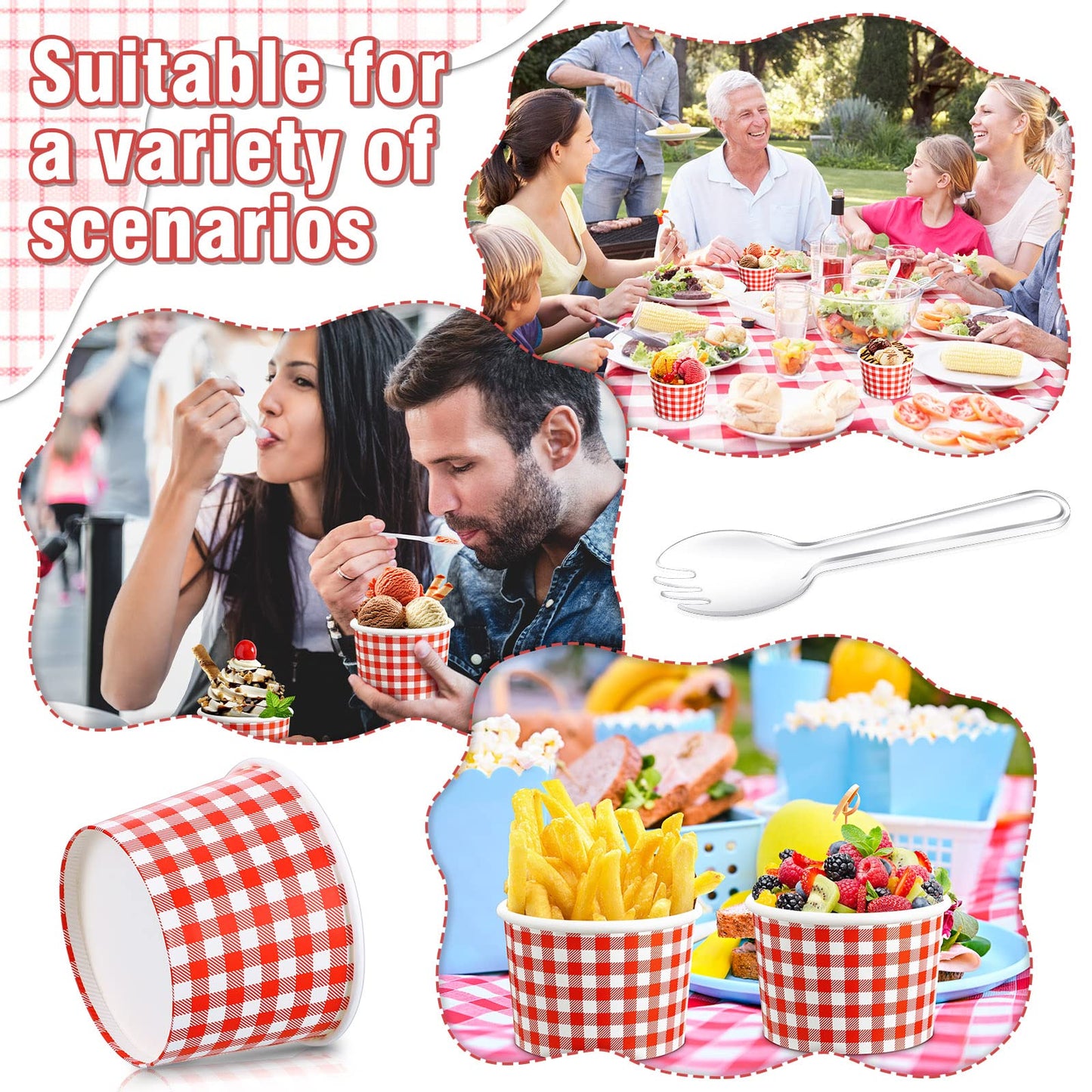 Tessco 100 Pack 12oz Ice Cream Cups Gingham Snack Bowls Party Supplies Gingham Bowls for Hot Soup Snacks Fruits(Red)