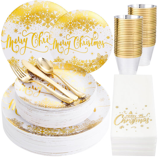 DaYammi 175Pcs Christmas Gold Plastic Dinnerware Set, 50Pcs Heavyduty Disposable Party Plates,Fancy Snowflake Design, 75Pcs Gold Plastic Cutlery,25Pcs 9oz Gold Cups,25Pcs Napkins Perfect for Christmas
