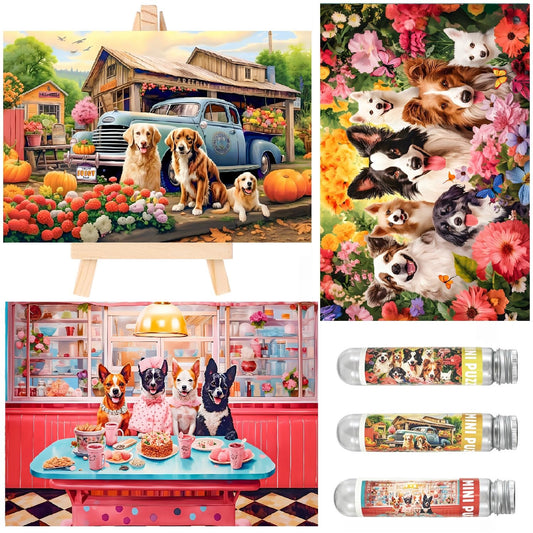 Small Jigsaw Puzzles for Adults 150 Pieces Vintage Cute Puppy Mini Jigsaw Puzzles Oil Painting Challenging Mini Puzzles Tiny Jigsaw Puzzles 6 x 4 Inches,3 Pcs,Mini Easel Included
