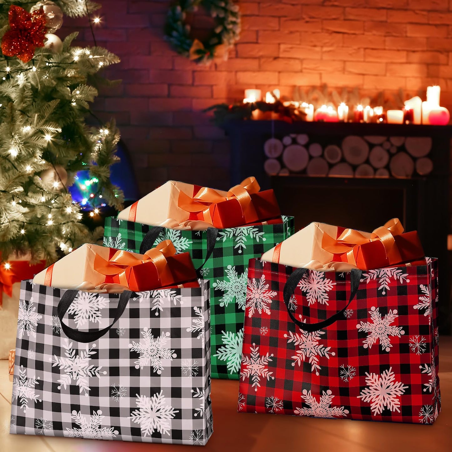 Abbylike 36 Pcs Reusable Christmas Large Gift Bags Bulk Xmas Holiday Plaid Tote Shopping Bags with Handles (Red White Green)