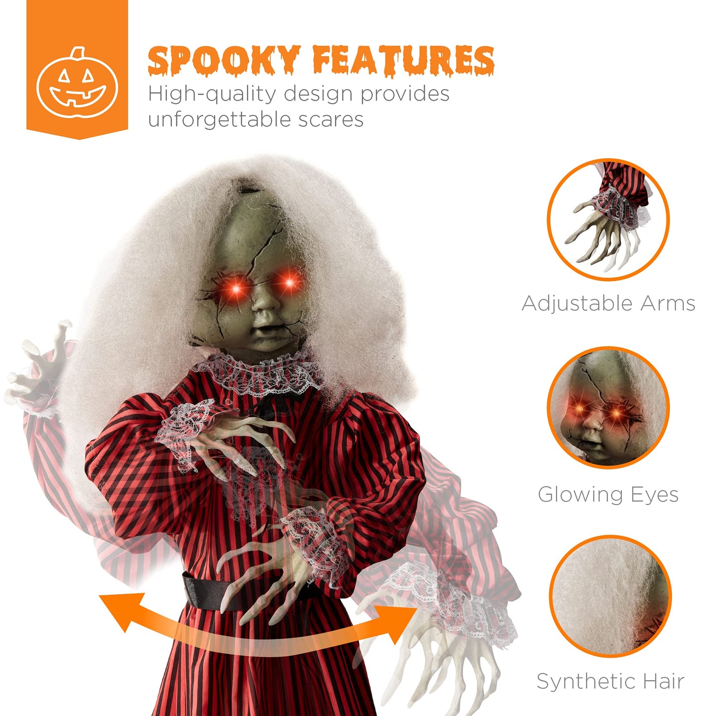 Best Choice Products Animatronic Roaming Creepy Doll Halloween Decoration, Haunted Holly Sound Activated Holiday Prop w/Light-Up LED Eyes, Pre-Recorded Phrases
