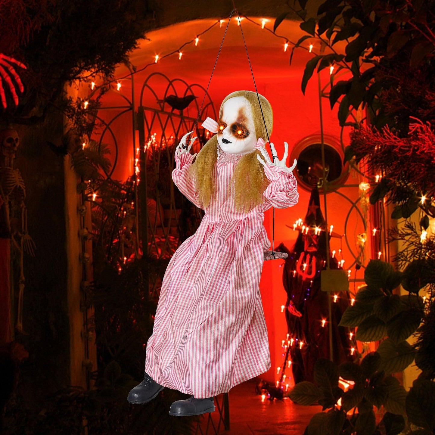 Treewoll Halloween Hanging Ghost Props, 2.6FT H Life-Sized Voice-Activated Pink Skirt Girl Sitting on Swing with Lighted Eyes & Kicking Legs & Eerie Sound for Haunted House Trees Spooky Party Decor