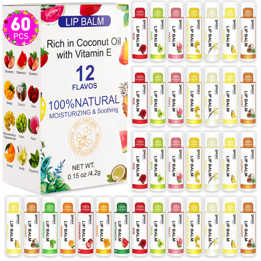 DMSKY 60 Pack Lip Balm, Natural Lip Balm Bulk with Vitamin E and Coconut Oil, Moisturizing Lip Balm for Chapped Lips, Bulk Lip Balm for Women-12 Flavors