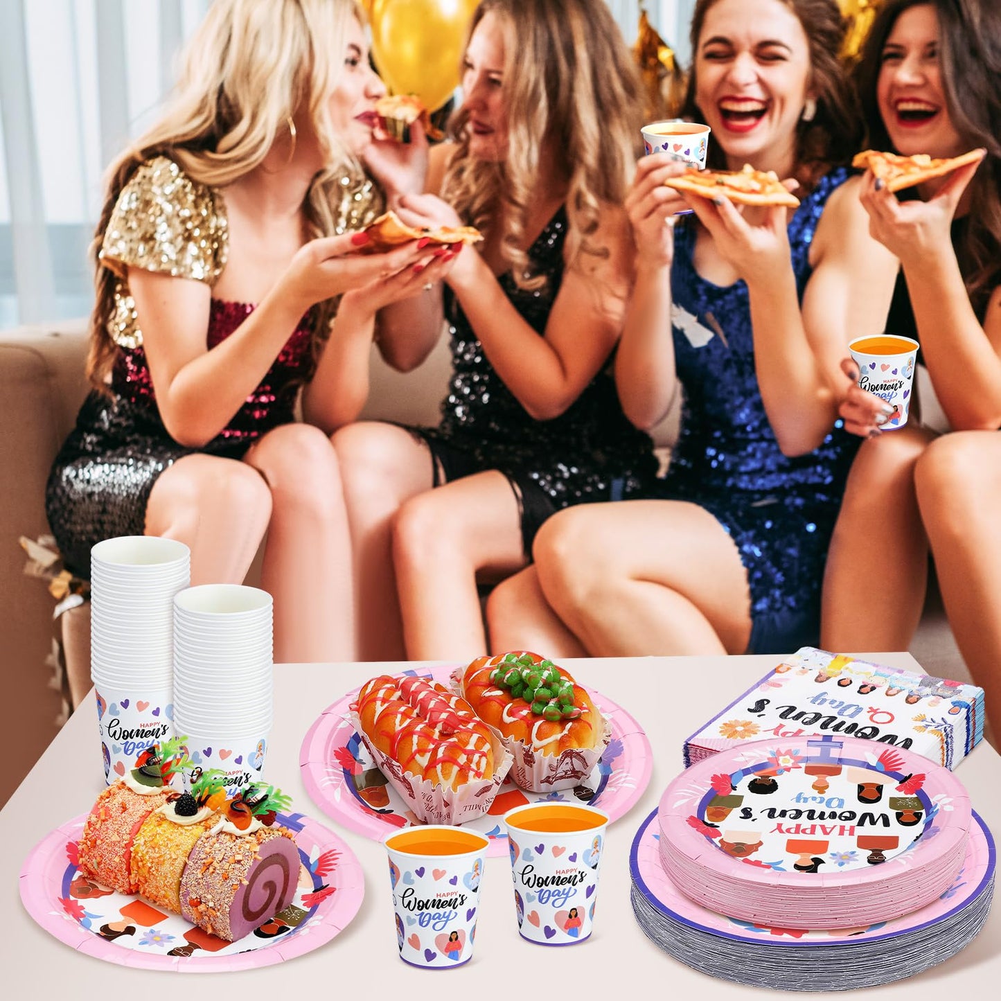Teenyyou 200 Pcs Women's Day Party Supplies Womens History Month Decorations International Womens Day Decoration Plate and Napkin Set Serve 50 Guest Disposable Dinnerware for Birthday Holiday Supplies