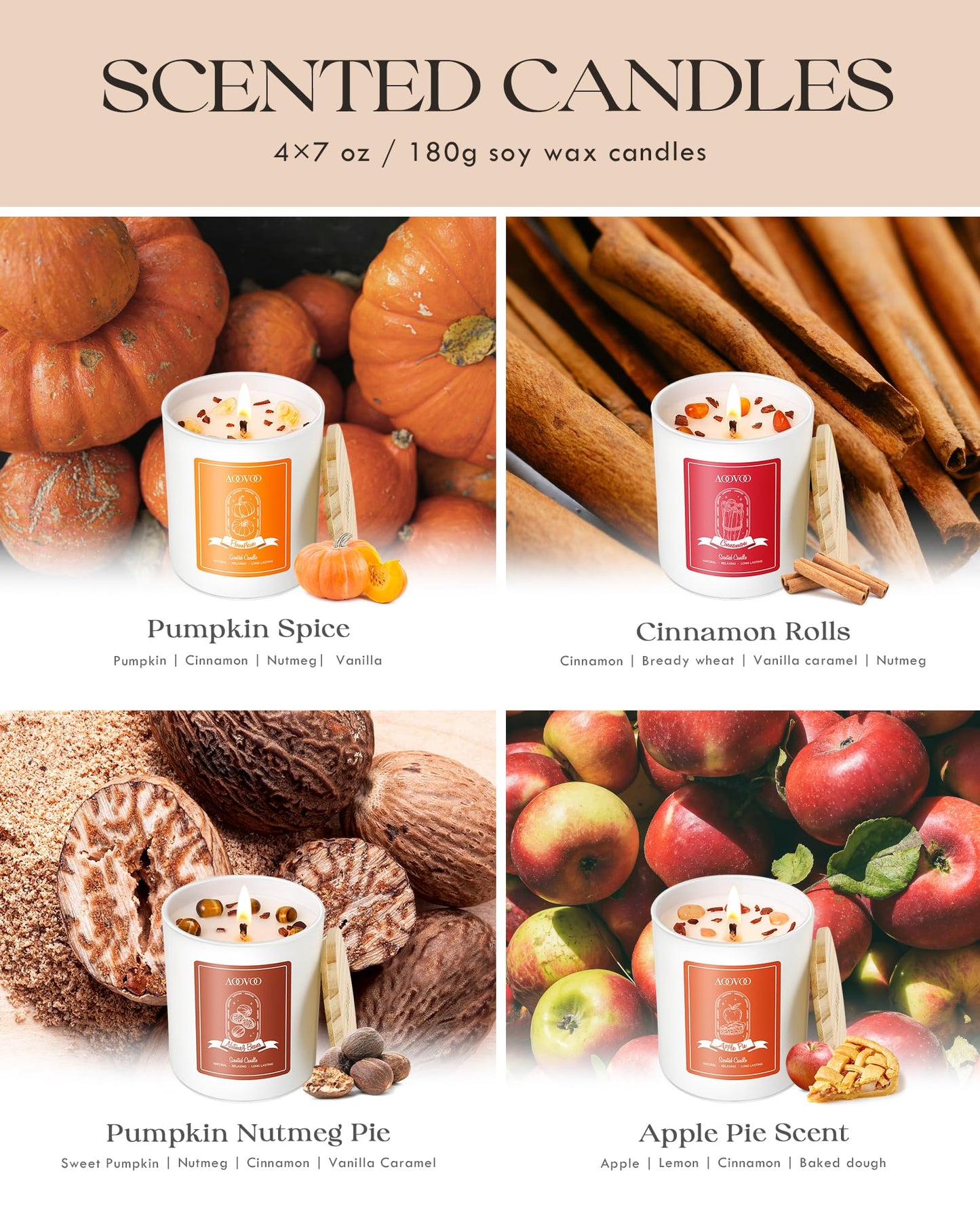 AOOVOO Fall Candles Set for Women - 4 Pack Candles for Home Scented, Aromatherapy Candle with Crystals Inside, 28 oz 200 Hour Long Lasting, Autumn Fragrance of Apple Pie/Cinnamon/Pumpkin/Nutmeg Beans
