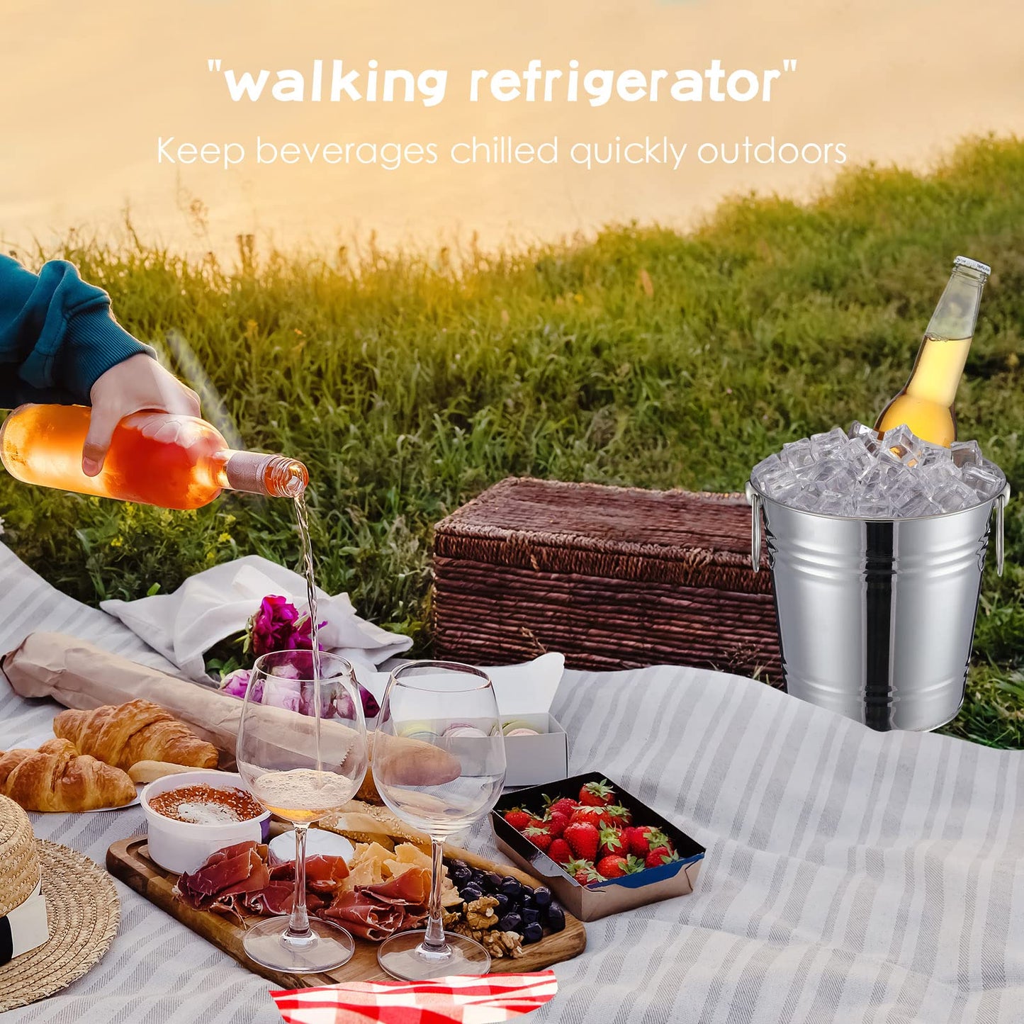 Mumufy 10 Pack Champagne Ice Buckets Stainless Steel Ice Bucket with Handles Party Wine Bucket Beverage Chiller Beer Cooler Bucket for Home Bar Club Party Supplies, 3 L/ 3.3 Qt(Silver)