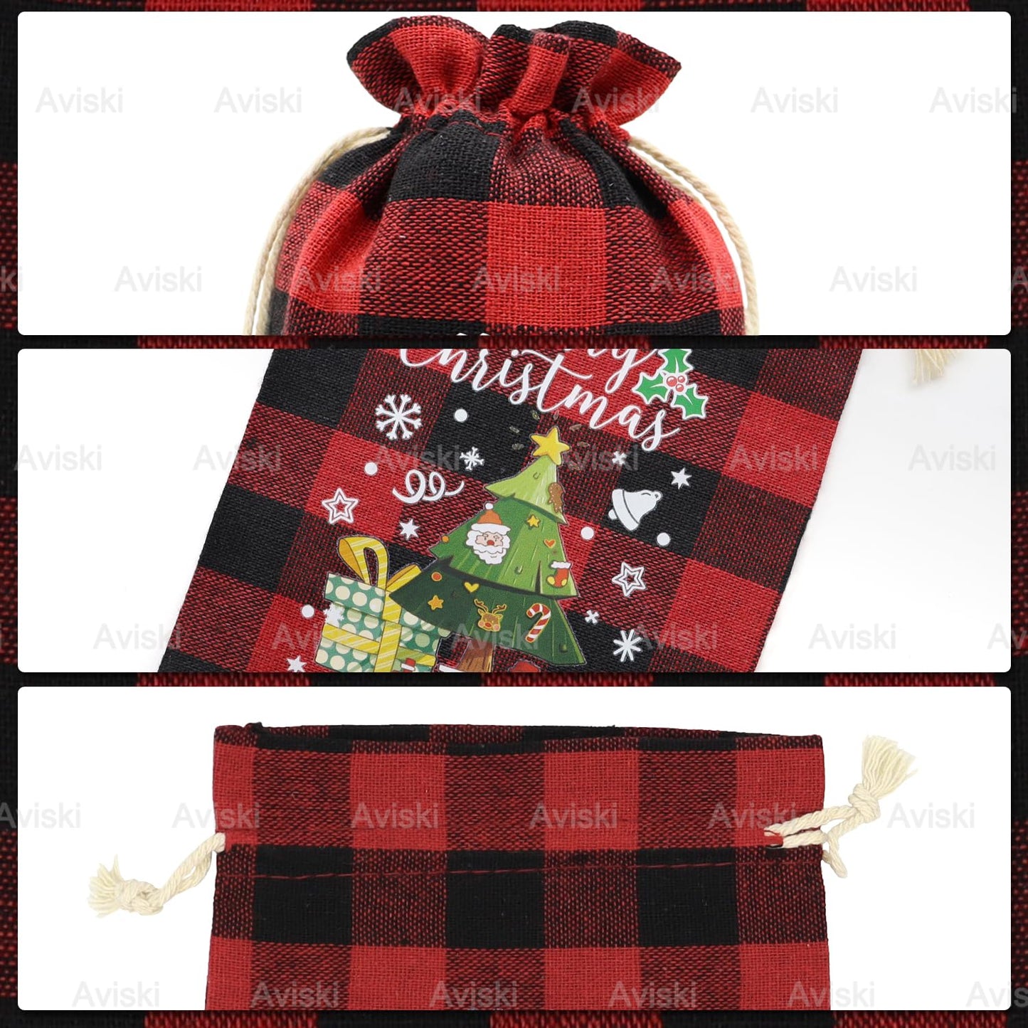 Aviski 72PCS Cotton Medium Christmas Drawstring Candy Treat Bags Buffalo Plaid Xmas Xmas Christmas Fabric Goody Gift Sacks Reusable Gift Wrapping Bags Holiday Party Favors - Red/White