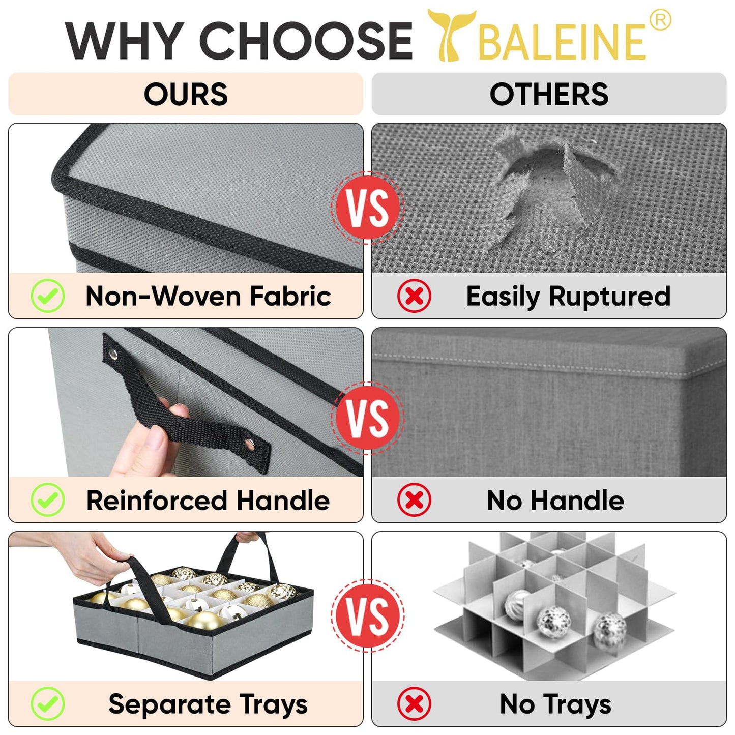 BALEINE Christmas Ornament Storage Box with Dividers, Premium Holiday Ornaments Storage Container Bin for Xmas Decorations (64 Ball, Grey)