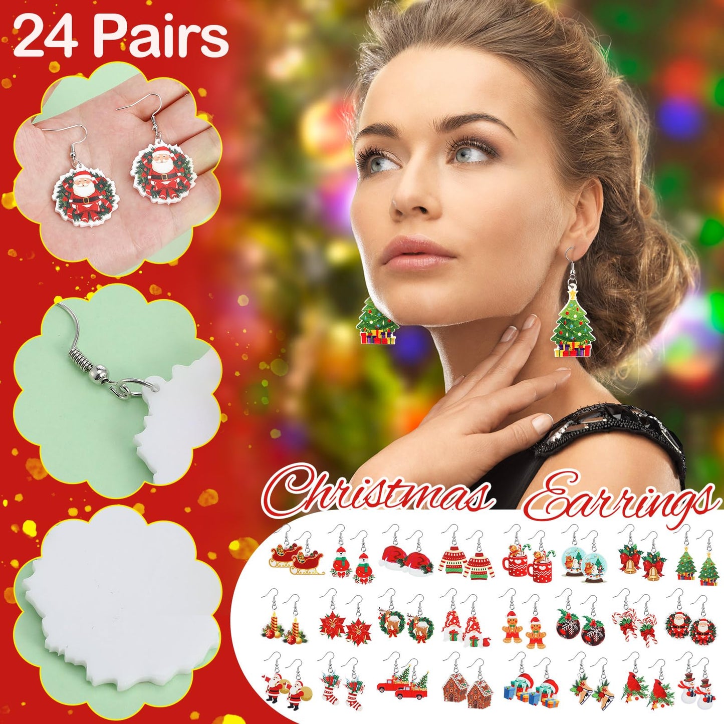 Misdary 24 Pairs Christmas Drop Earrings Bulk Thanksgiving Xmas Holiday Acrylic Dangle Earrings Christmas Tree Bow Deer Snowflake Garland Red Truck Earrings Jewelry Set for Women Adults Gifts