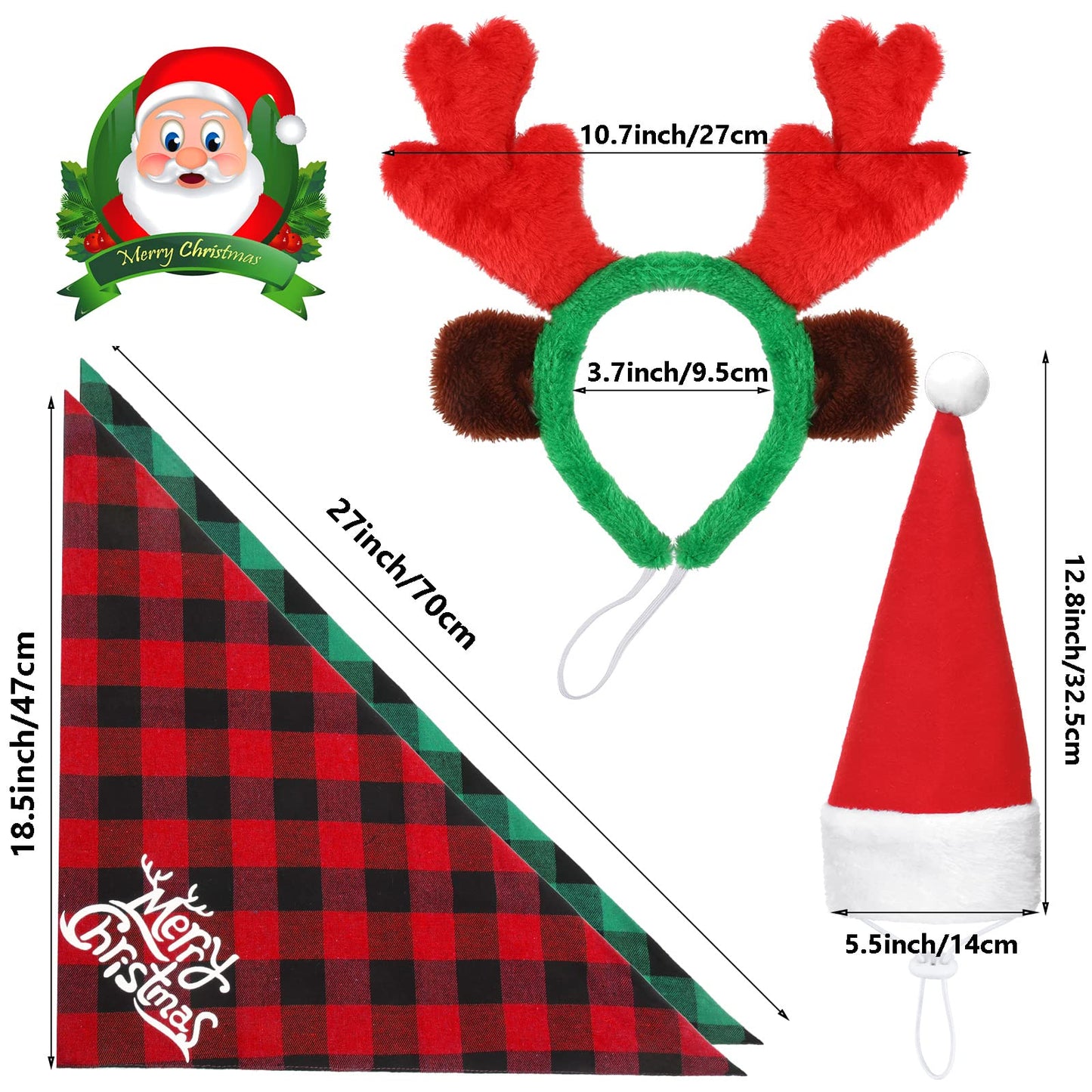 SATINIOR 4 Pcs Adjustable 3D Christmas Dog Santa Hat, Christmas Classic Buffalo Plaid Pets Scarf, Reindeer Antlers Headband with Ears Pet Costume Accessories for Dogs and Cats(Vivid Style)