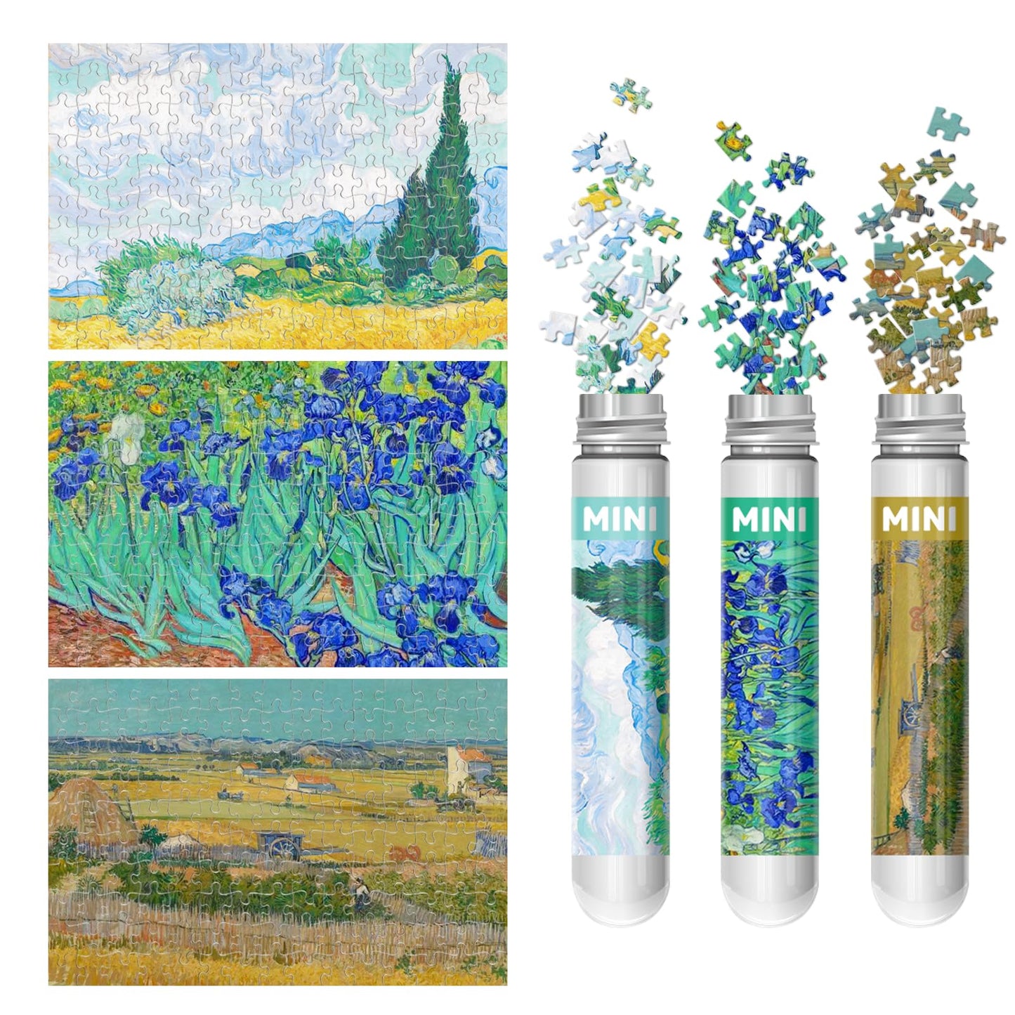 150 Pieces Mini Jigsaw Puzzles for Adults & Kids, 6" x 4" Small Jigsaw Puzzles Capsule Tube Jigsaw Puzzles Intelligent Game, Wheat Field with Cypresses Irises The Harvest (Wheatfields) 3 Pack