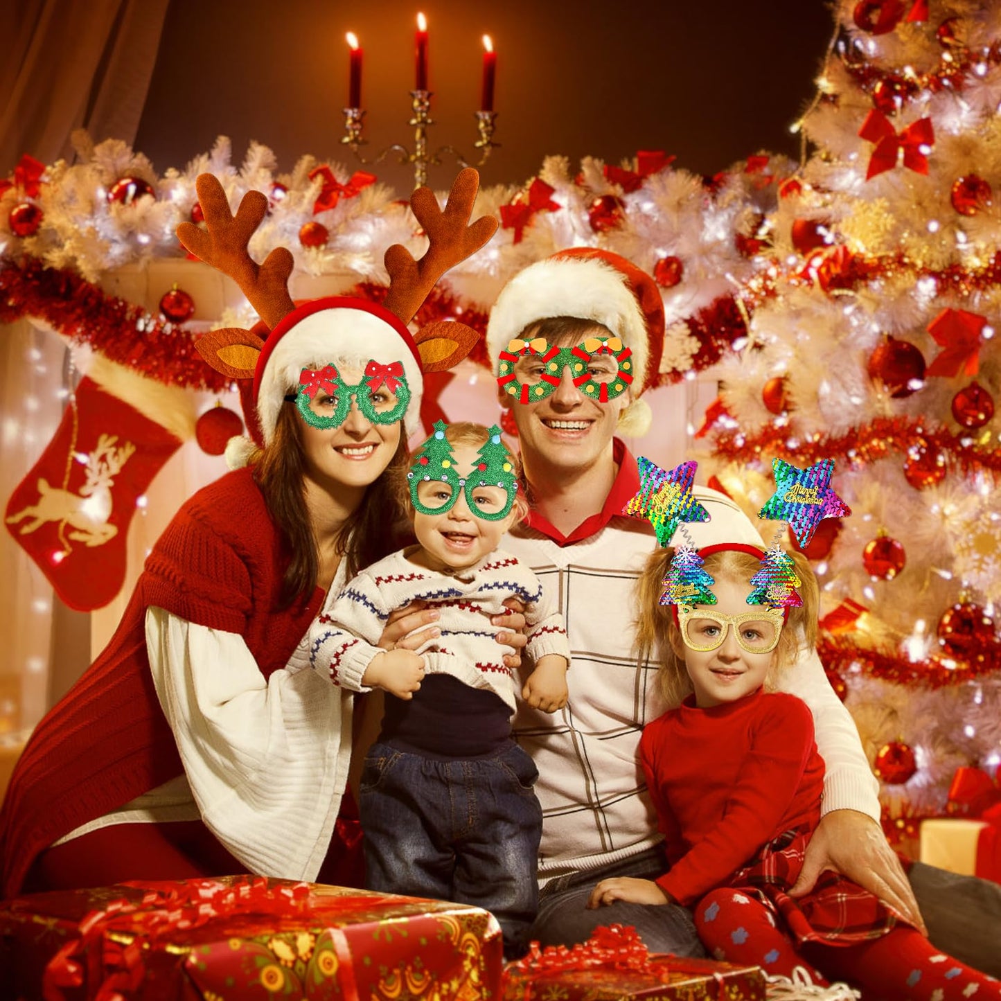 MGparty 32 Pack Christmas Glasses Frame and Headbands Set with Different Cute Designs Exquisite Decoration Accessories for Christmas Parties Holiday Favors and Photo Booth