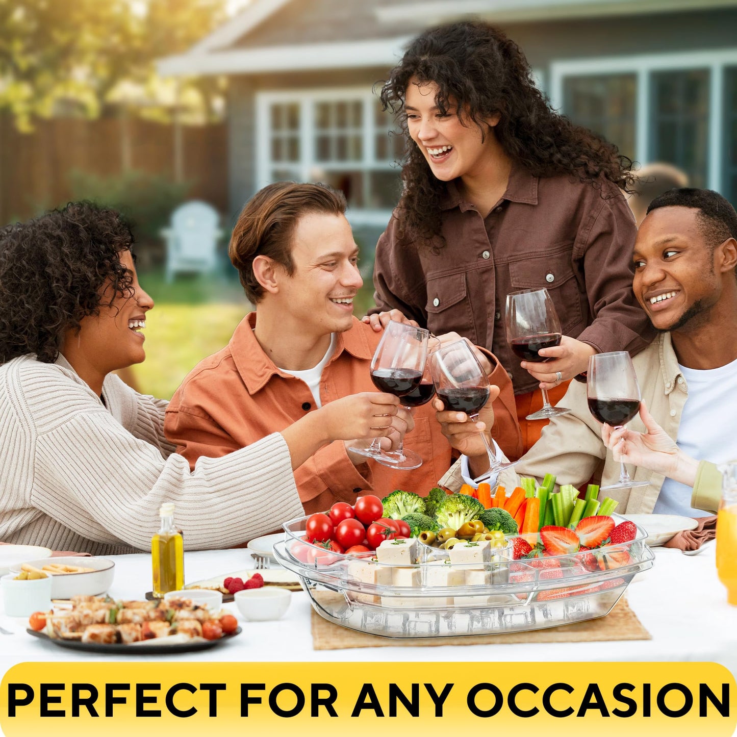 Premium Chilled Serving Tray for Parties - 15" Ice Chilled Party Platter w/Lid & Dip Holder - Functional Cold Dish w/ 4 Compartments - Perfect for Fruits, Veggies, Shrimp Cocktail - Keeps Food Cool