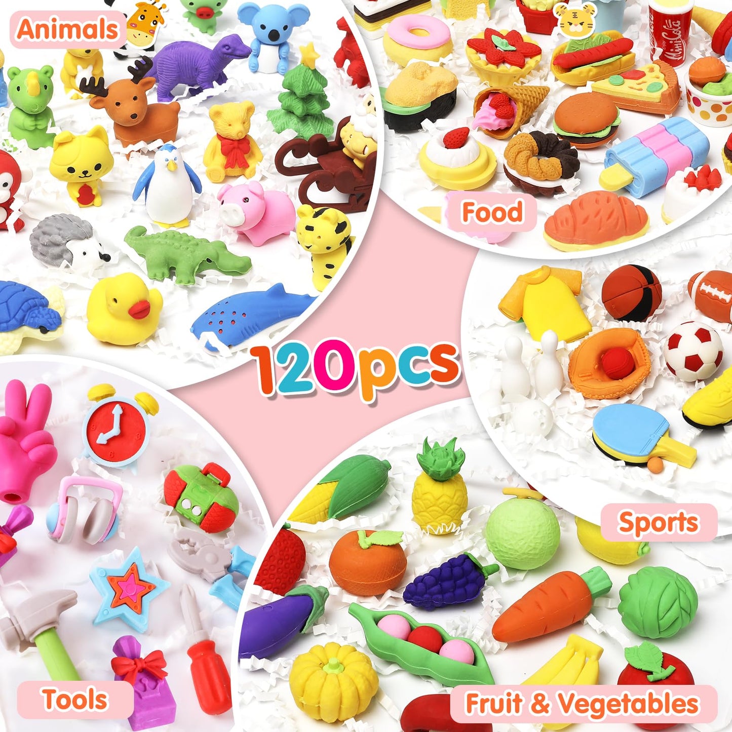 Moosia 120 Pack Animal Pencil Erasers for Kids, 3D Mini Puzzle Take Apart Erasers, Desk Pets & Treasure Box Toys, Bulk Party Favors, Classroom Prizes, School Supplies, Gift for Boys & Girls