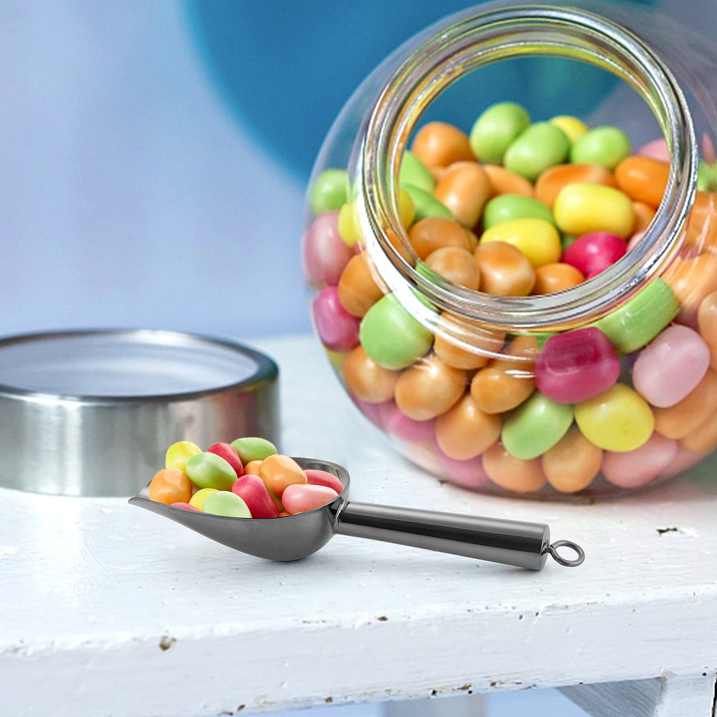 Mini Ice Scoop Set of 8, E-far 3 Ounce Platinum Black Stainless Steel Scoops for Candy/Flour/Sugar, Small Metal Scoops for Party/Canisters Jars/Kitchen Bar/Ice Maker, Rust Proof & Dishwasher Safe