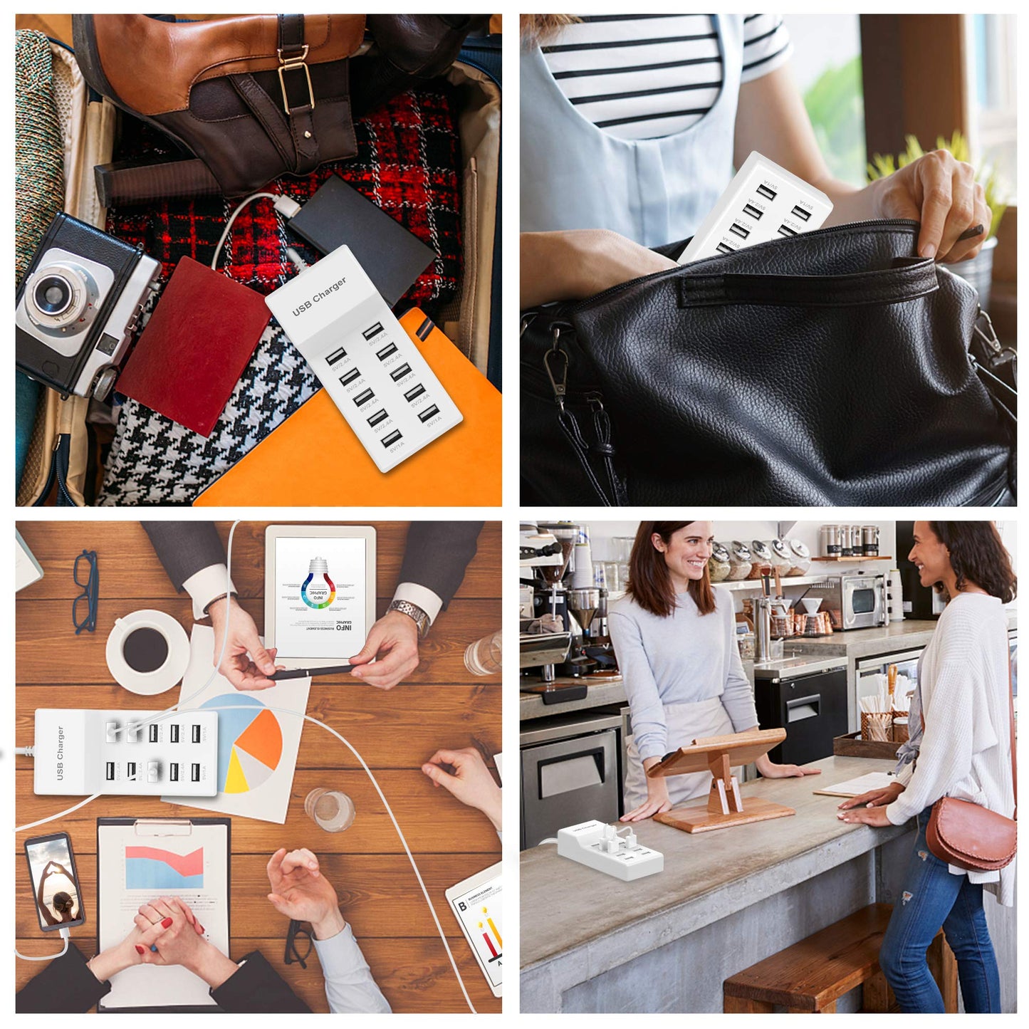 USB Charger Station Block with Rapid Charging Auto Detect Technology Safety Guaranteed 10-Port Family-Sized Smart USB Ports for Multiple Devices Smart Phone Tablet Headphones