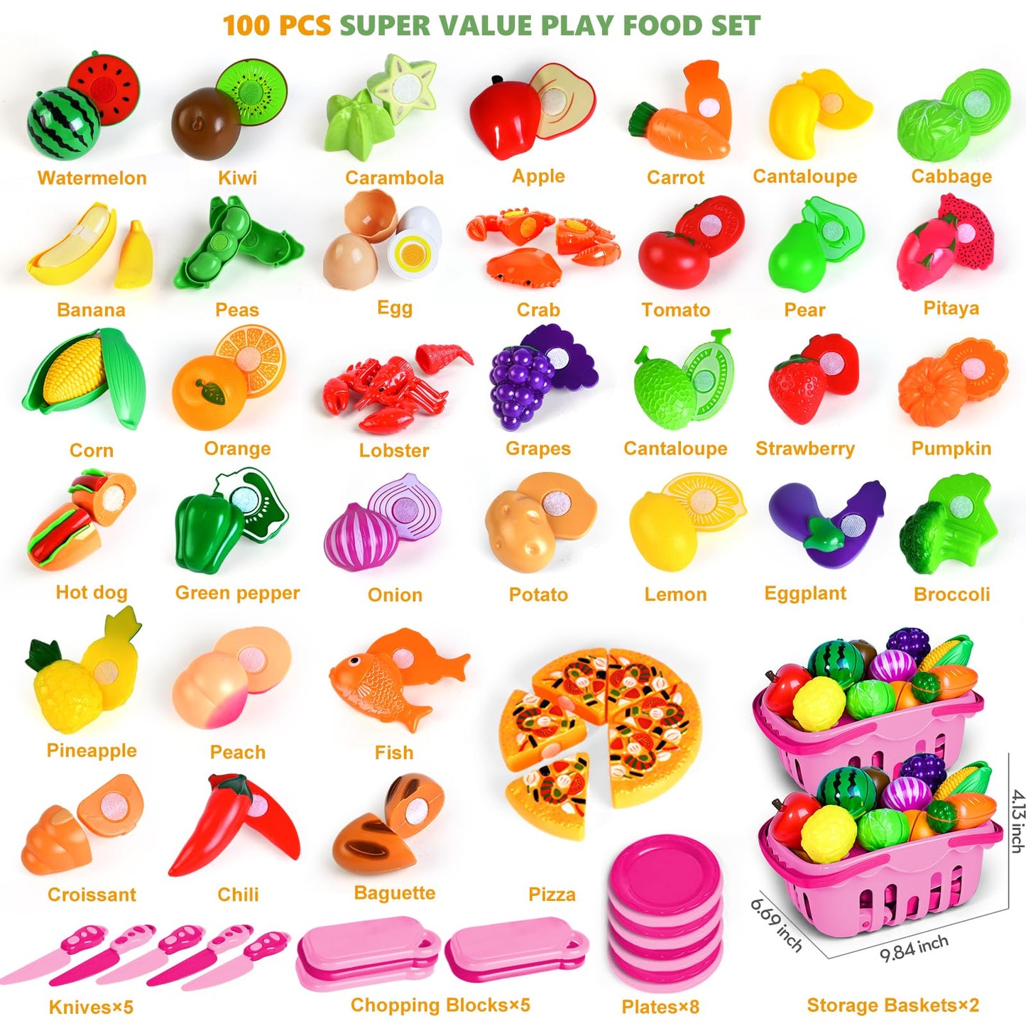 100 Pcs Play Food Set for Kids Kitchen, Pretend Food Toy for Toddlers, Play Kitchen Toys Accessories with 2 Baskets, Cutting Fake Food/Fruit/Vegetable, Christmas Birthday Gifts for Boys and Girls