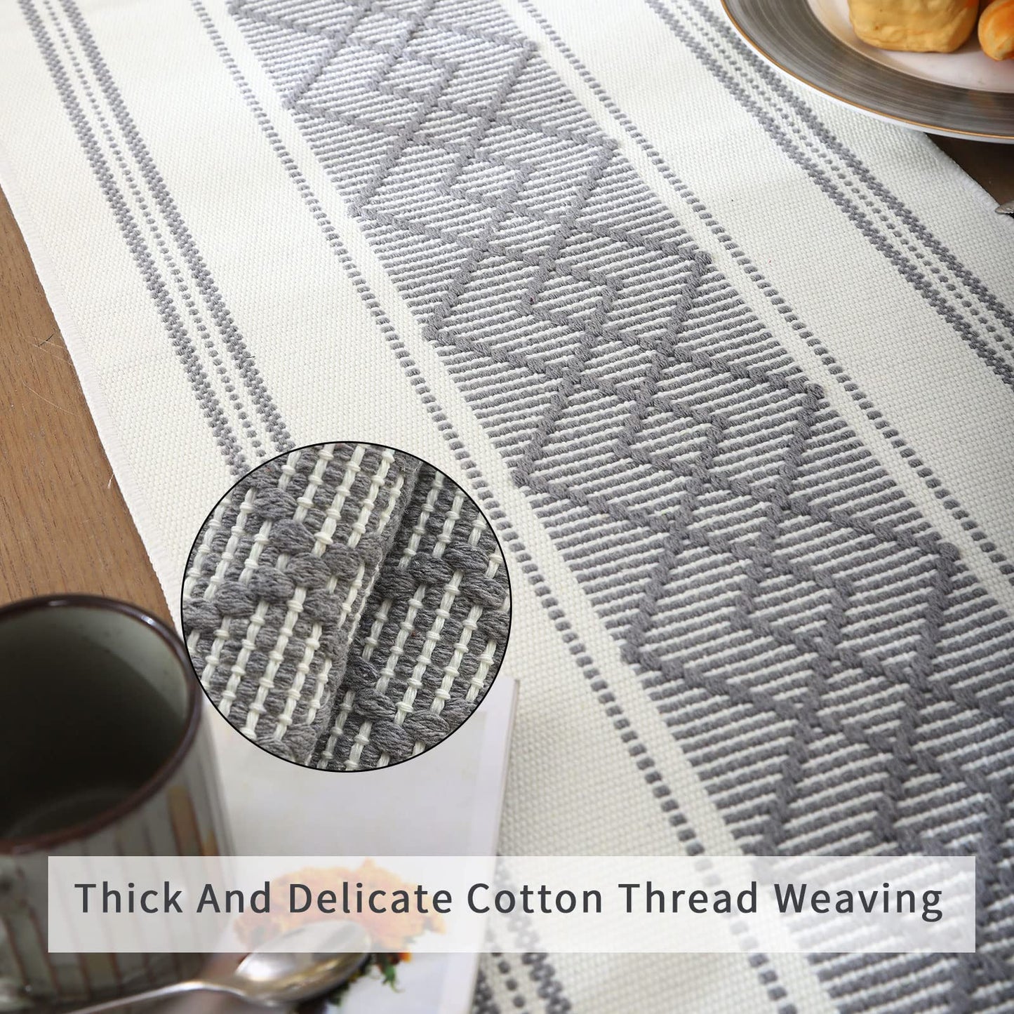 LUFEIJIASHI Woven Table Runners Farmhouse Style,Boho Table Runners 108 inches Long with Tassels Elegant Washable Table Runners for Dining Room ,Wedding,Holiday,Party Table Decor (14.5x108inch, Grey)