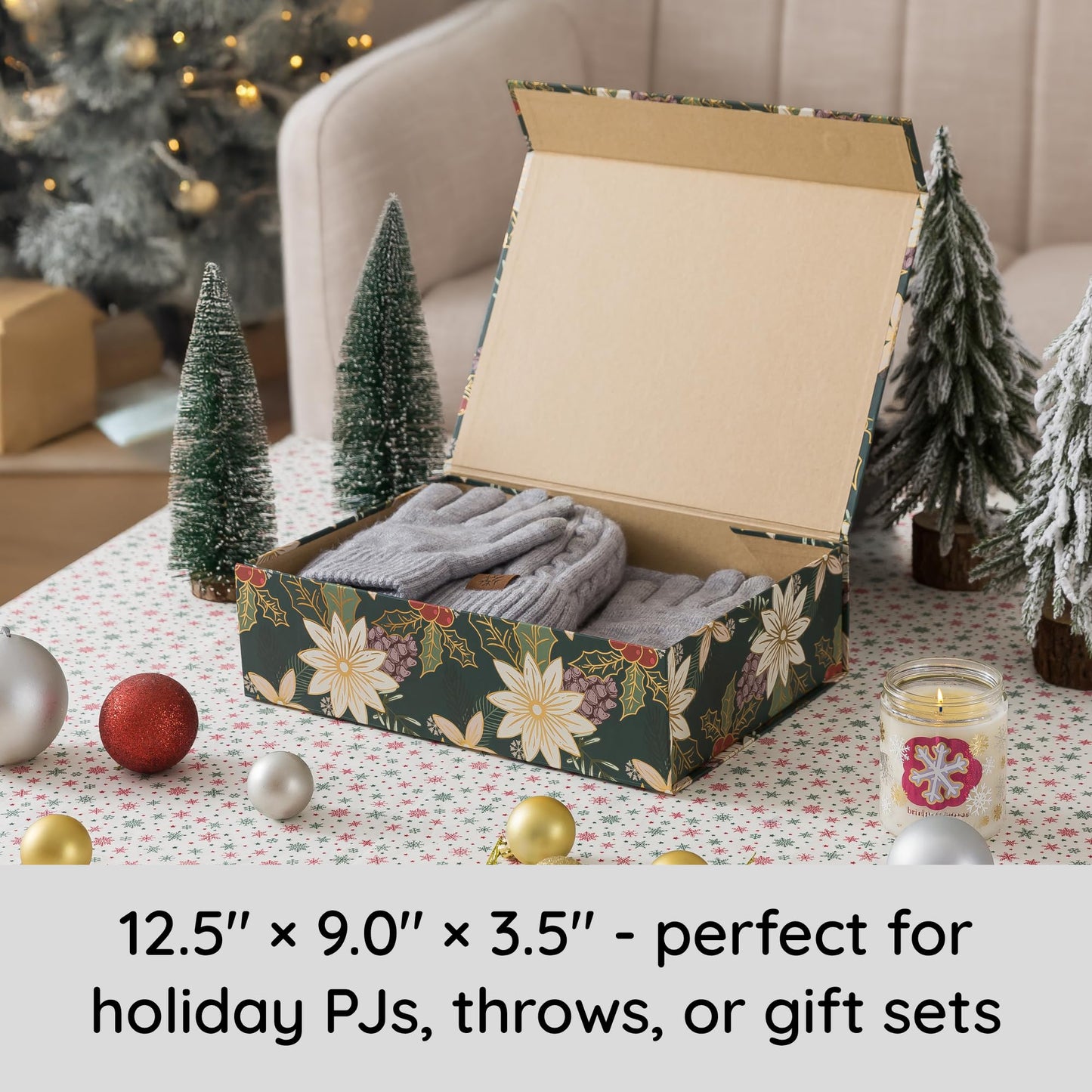 Soul & Lane Christmas Gift Box with Lid, 12.5" x 9.0" x 3.5", Christmas Magnetic Gift Box for Presents with Holiday Design and Sturdy Construction, Emerald Garden