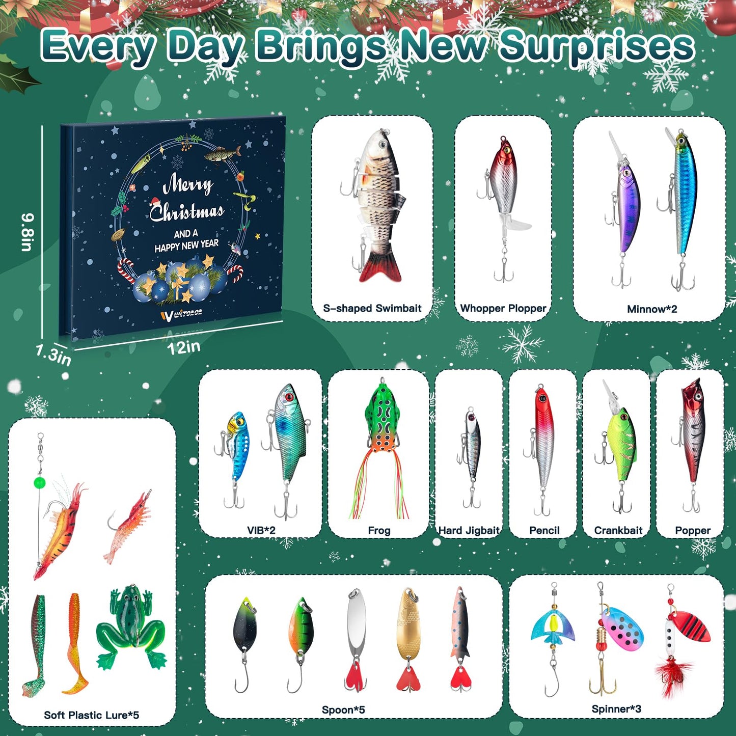 WITOROR Advent Calendar 2025 Fishing Christmas Countdown, 24 Days Fishing Lures Set, Fishing Advent Calender for Fisher Adult Men Teen Boys 2025 Christmas Gifts