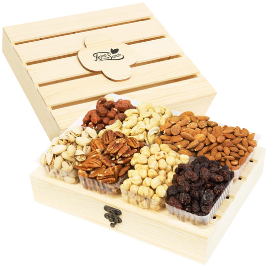 Anna and Sarah Premium Nuts in Wooden Gift Box Include All Raw Oregon Hazelnut, Cashew, Almond, Sweet Apricot Kernel, California Pistachios, Pecan,Turkish Hazelnut and Black Raisin Kosher-Halal For Christmas-Holiday for Mom-Dad-Boy-Girl Everyone