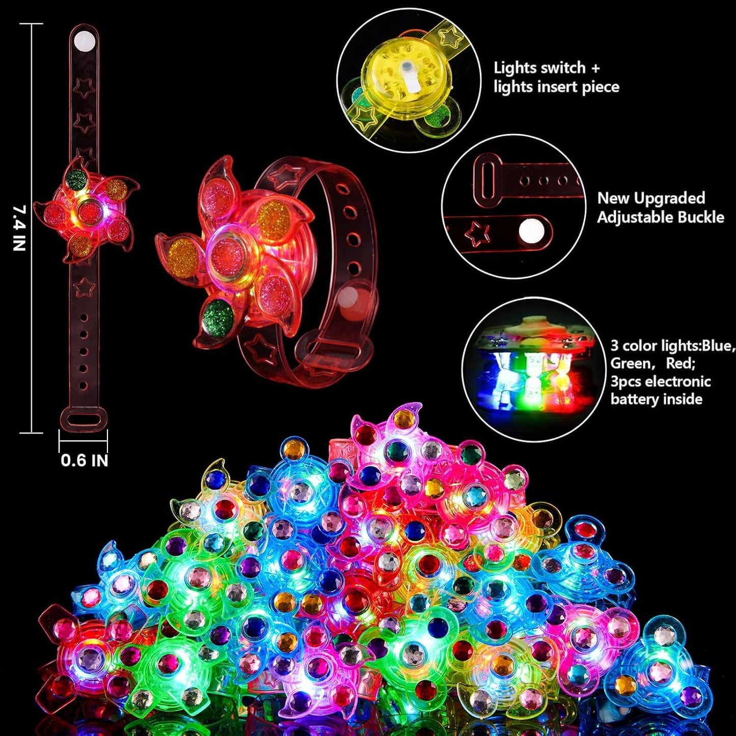 SCIONE 24 Pack LED Light Up Fidget Spinner Bracelets, Glow in The Dark Party Favors for Kids 4-8 8-12, Treasure Box Toys, Birthday Gifts, Carnival Prizes, Goodie Bags Stuffers for Kids