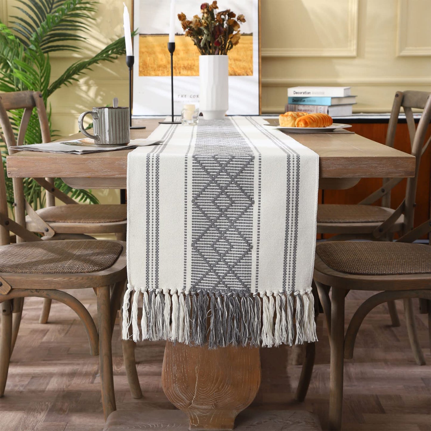 LUFEIJIASHI Woven Table Runners Farmhouse Style,Boho Table Runners 108 inches Long with Tassels Elegant Washable Table Runners for Dining Room ,Wedding,Holiday,Party Table Decor (14.5x108inch, Grey)