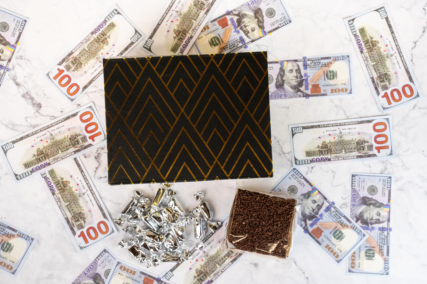 Luxe Billionaire Box featuring Shooting Birthday Bills. Ready to Gift, No Assembly Required with Music, Sweet Caramels & Delicious 3" Chocolate Sprinkle Crispy Cake for Delivery – Birthday Gift for Women, Men, Sister, Mom, Dad, Best Friend, Adults, Kids