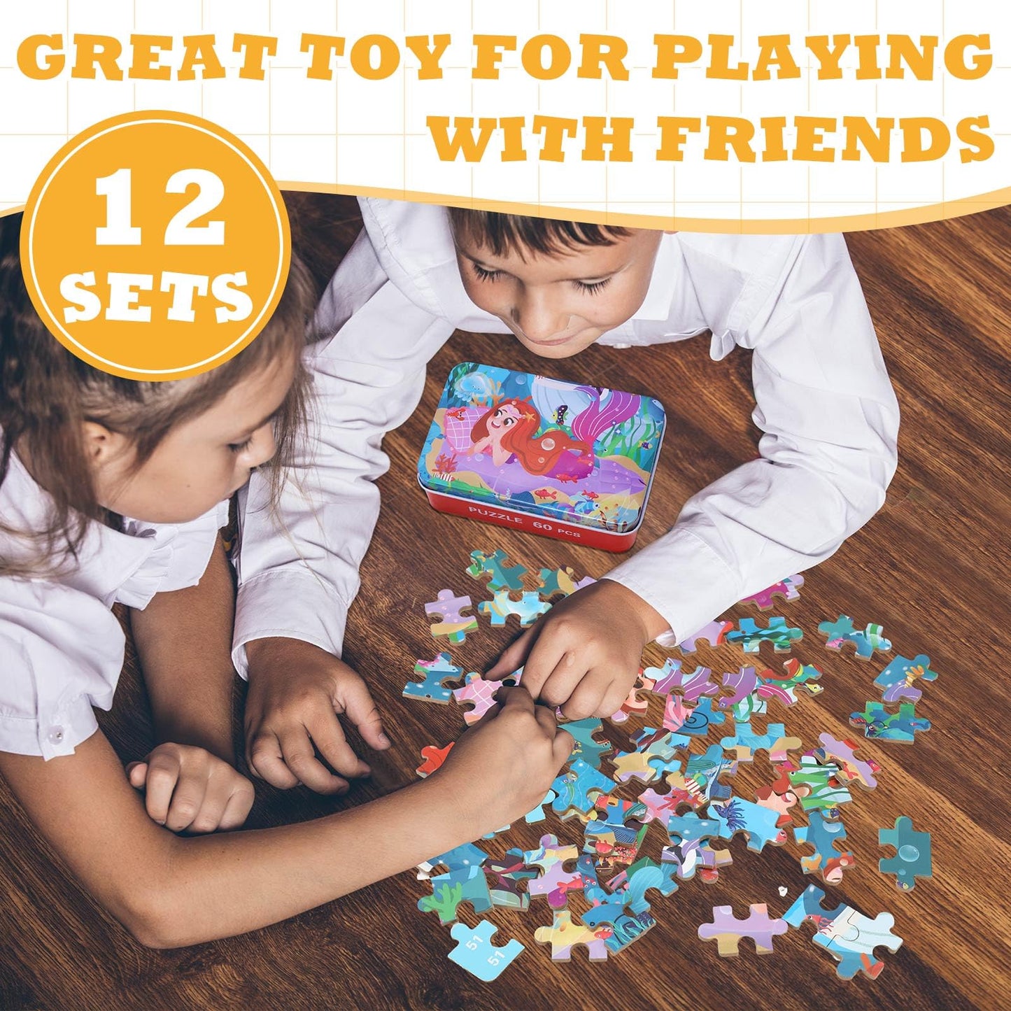 Silipull 12 Boxes Party Favors Jigsaw Puzzles in a Metal Box for Age of 4-8, Wooden Puzzle for Ages 4-8 Boys and Girls Learning Educational Jigsaw Pieces Toys, 12 Styles(Novel)