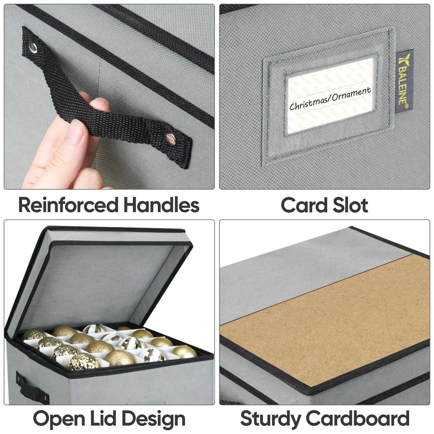 BALEINE Christmas Ornament Storage Box with Dividers, Premium Holiday Ornaments Storage Container Bin for Xmas Decorations (64 Ball, Grey)