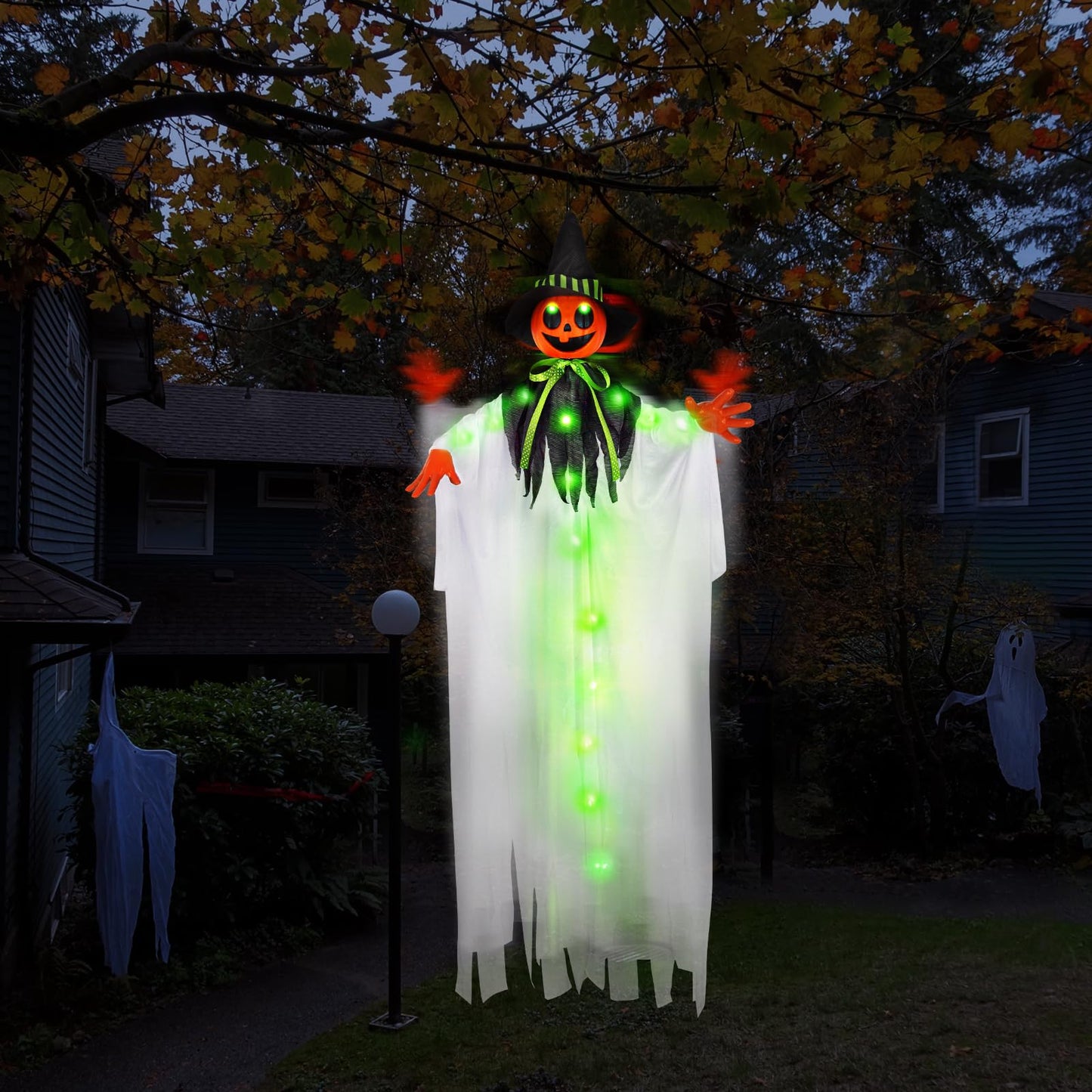 55” Halloween Hanging Animatronics Ghost Pumpkin with LED Lights, Sound & Motion Activated and Shaking Arms - Perfect for Halloween Haunted House Prop Décor, Indoor/Outdoor Display, Lawn, Party