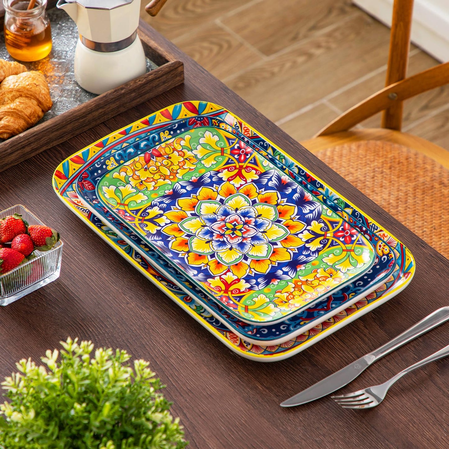 vancasso Serving Platters Set of 3, 16"/14"/12" Inch Rectangular Trays - Serving Platter Extra Large, Bohemian Ceramic Serving Dish for Entertaining Food, Microwave & Dishwasher Safe, Vintage