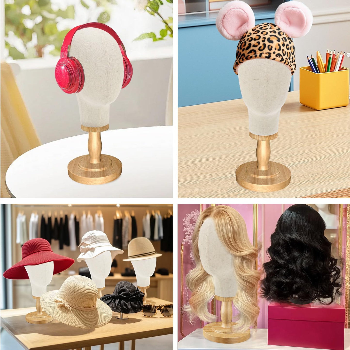 Wig Stand, 22inch Mannequin Head with Detachable Wood Base,Canvas Head Holder for Hair Styling Jewelry Glasses Headband Display, Wig Stand for Wigs,Hats, Caps, Headdress, Beige