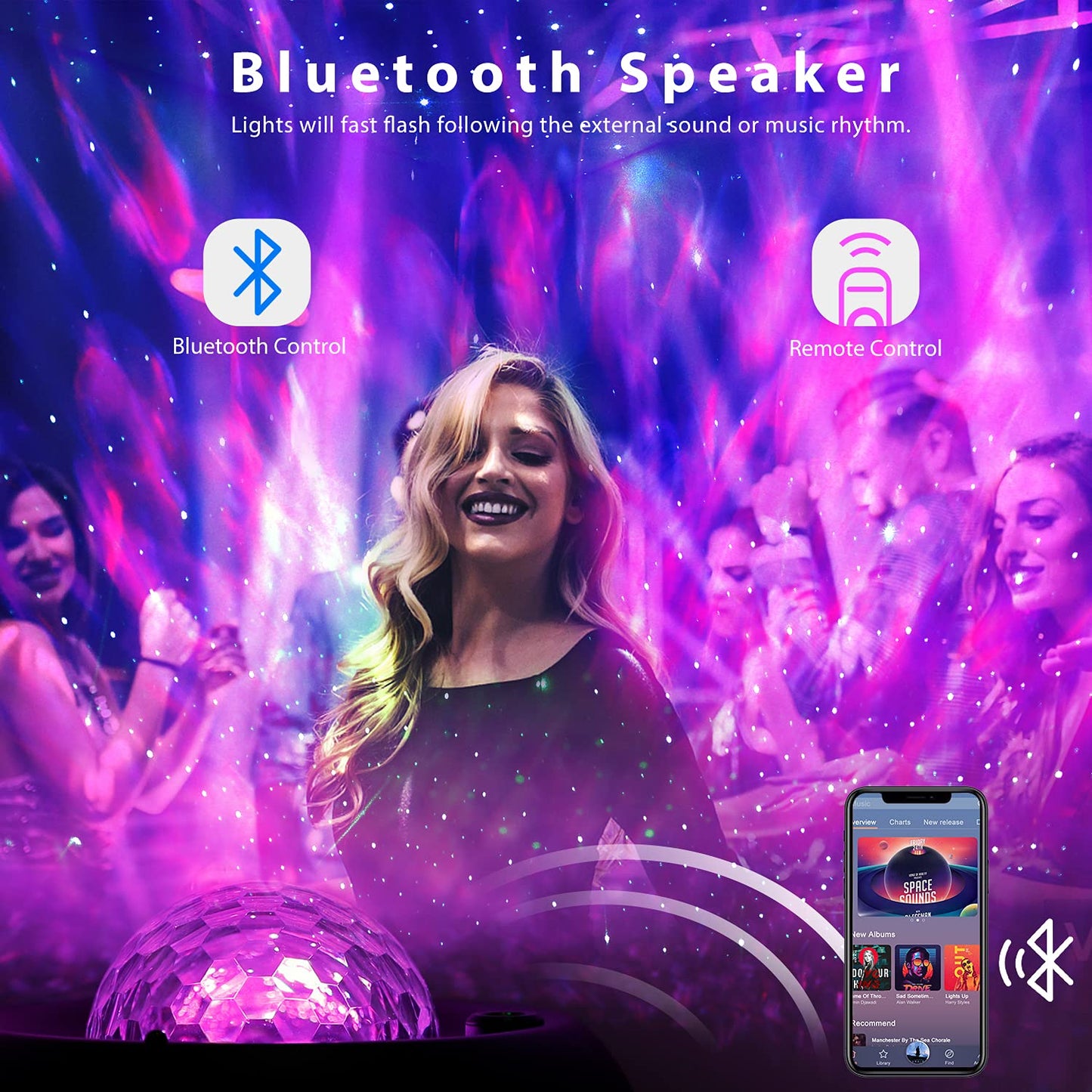 Star Projector Night Light - Galaxy Projector Light for Bedroom/Party Adults Kids with Bluetooth Music Speaker Voice & Remote Control, No App Needed