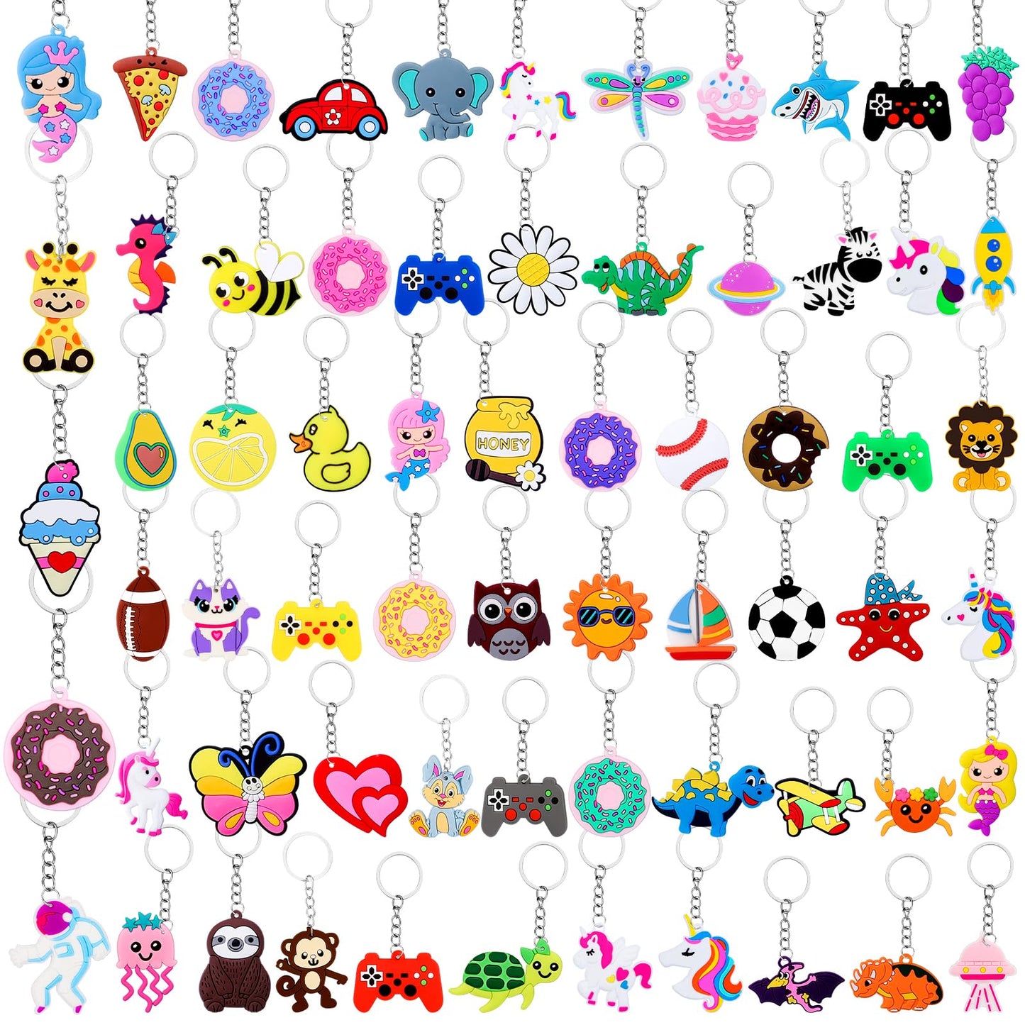 65PCs Party Favors Cartoon Keychains for Kids, Keychain Bulk for Birhtday Party, Unicorn Dinosaur Mermaid Animal Sea Dount Flower Video Ball Bulk Keychains for Party Bag Fillers Goodie Bag Stuffers
