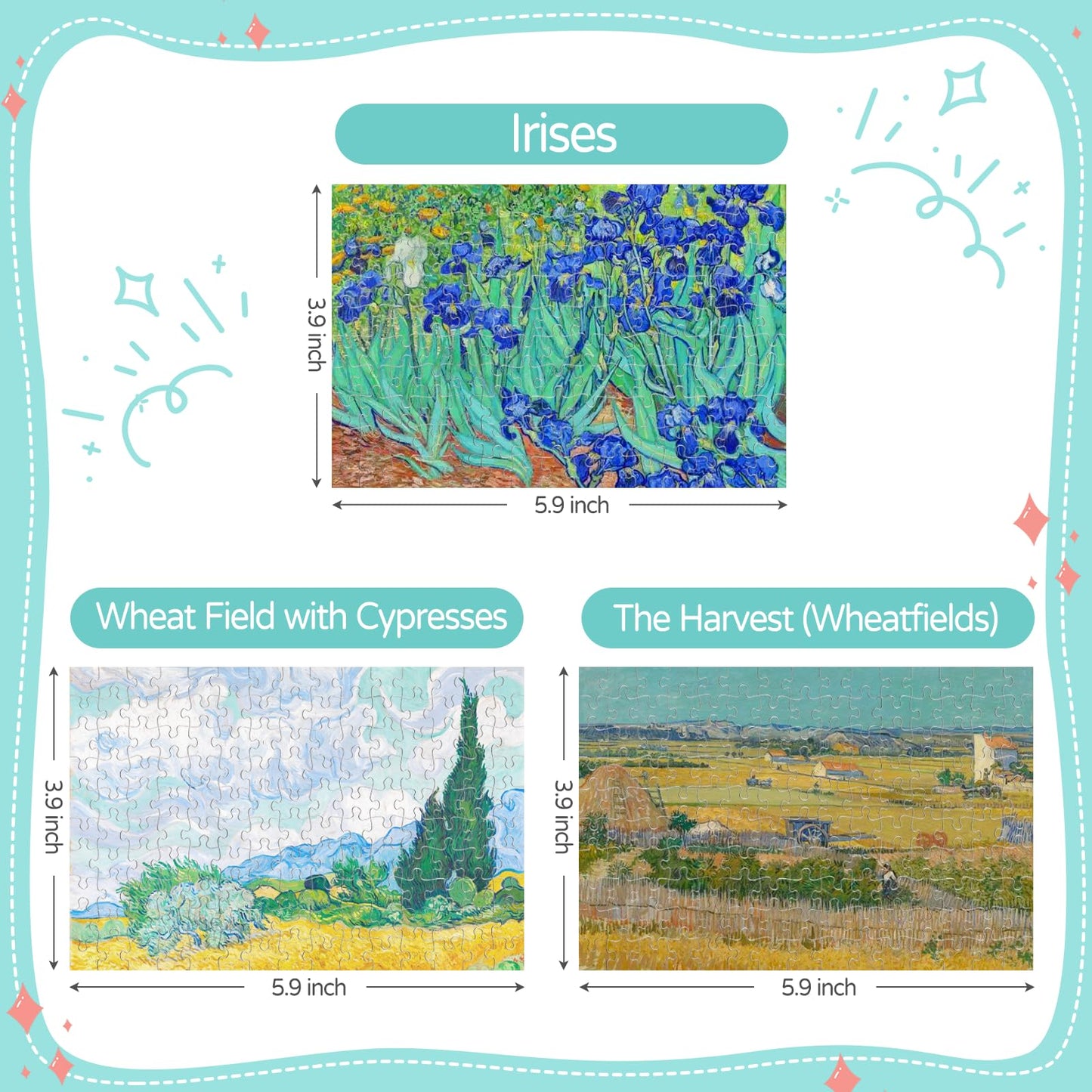 150 Pieces Mini Jigsaw Puzzles for Adults & Kids, 6" x 4" Small Jigsaw Puzzles Capsule Tube Jigsaw Puzzles Intelligent Game, Wheat Field with Cypresses Irises The Harvest (Wheatfields) 3 Pack