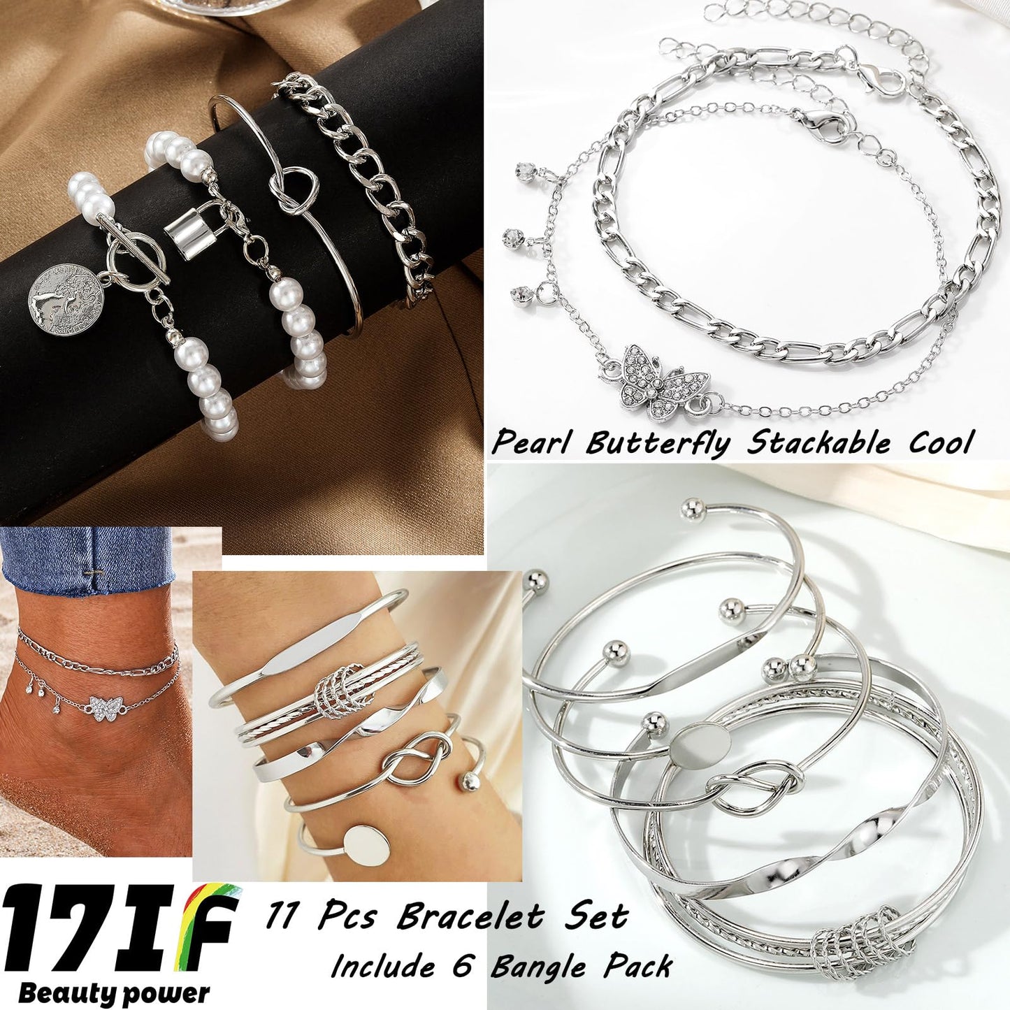 17IF 53 PCS(8 PACK) Silver Plated Jewelry Set with 6 Necklace 11 Ankle Bracelet 30 Kunckle Ring 6 Pair Earring hoop Vintage Boho Pearl for Women and Birthday Travel Holiday